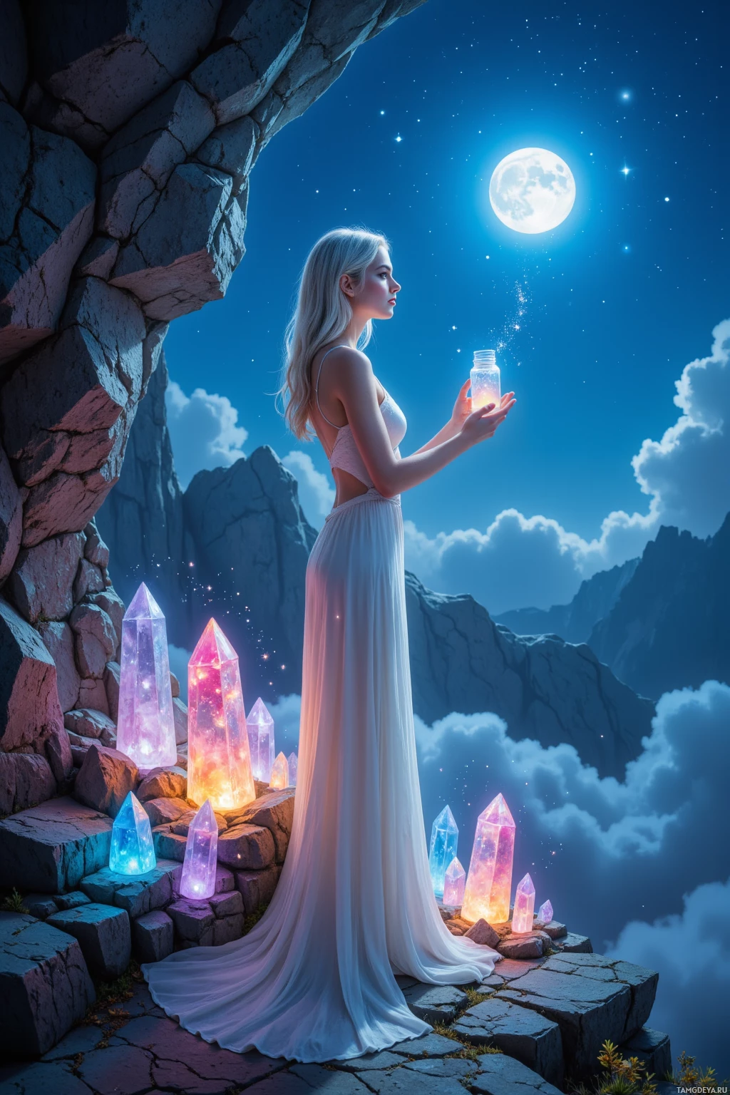 Realistic high quality photo. A 23‑year‑old woman with silver-blue loose waves, bright blue eyes and porcelain skin in a flowing ethereal gown stands beside the glowing moon on a craggy cliff, holding a tiny jar of stardust while nearby crystals pulse as an enchanted DJ booth, wind rustling silver threads under a midnight sky of constellations.
