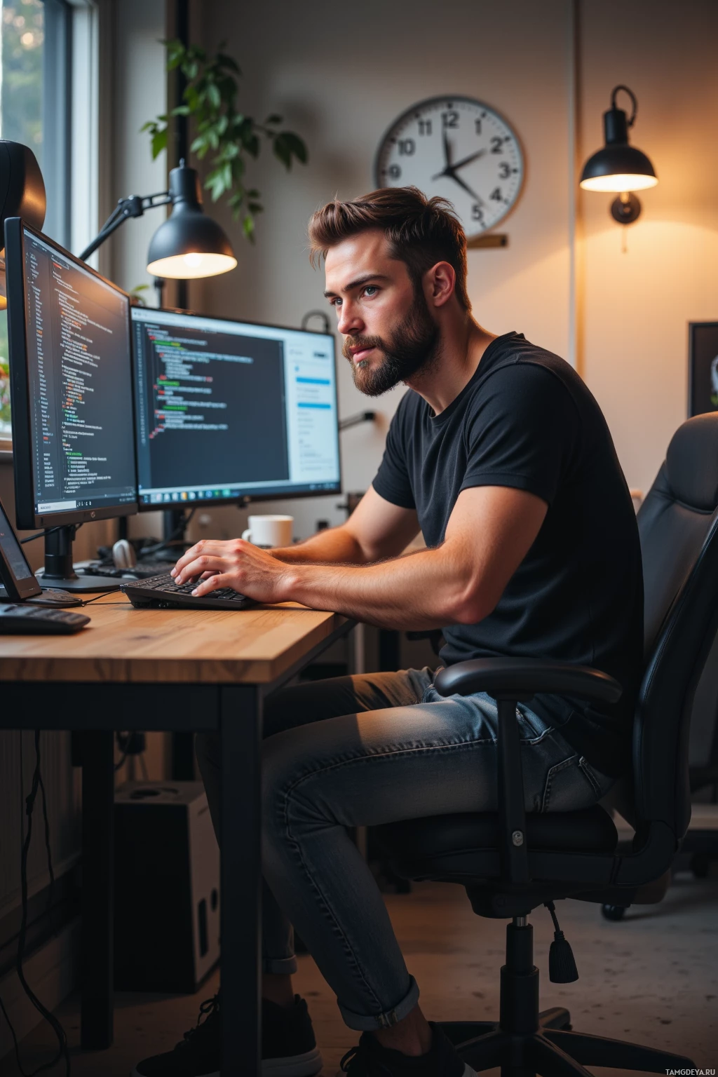Realistic high quality photo. A 32‑year‑old male programmer with short brown hair, a neat beard, blue eyes and pale skin, wearing a black t‑shirt, gray jeans and black sneakers, sits at a wooden desk in a modern office morning, laptop screen showing code and error logs, a wall clock ticking, a coffee mug beside him, focused yet slightly amused, desk lamp illuminating the scene.