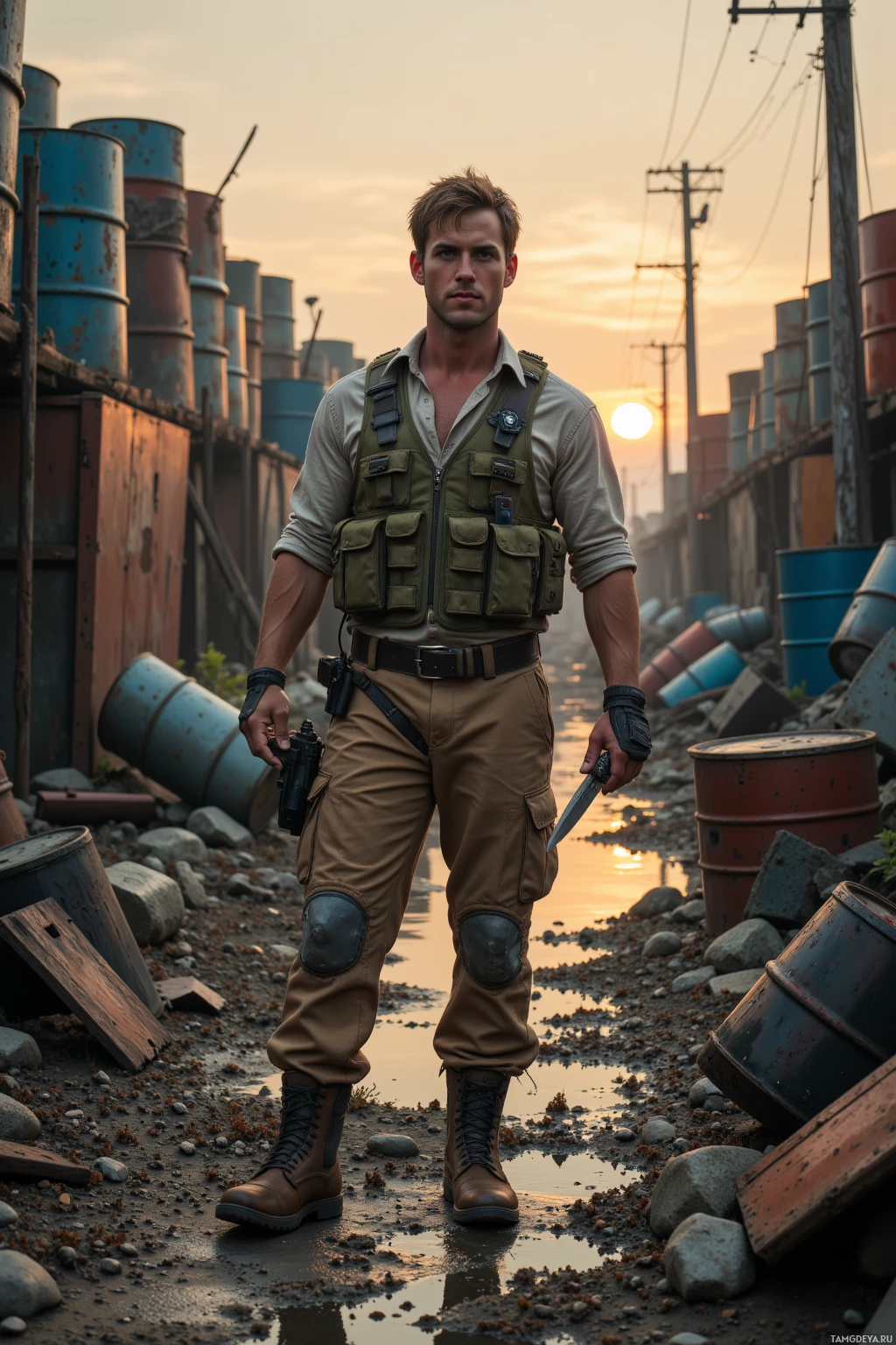 Realistic high quality photo. 29-year-old man with short brown hair and blue eyes, wearing faded tan tactical gear, cargo pants, green utility vest, holding a knife, standing in a junkyard at dusk among stacked barrels, broken steel and glass, with ants marching along a path and a rainwater trap device, wind blowing, post‑apocalyptic setting