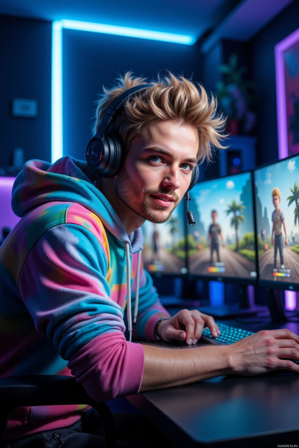 Realistic high quality photo. A 25‑year‑old man with messy blonde hair and blue eyes, wearing a colorful hoodie and gaming headset, sits in a dimly lit home studio with dual monitors displaying a vibrant multiplayer game and a teammate’s avatar, leans forward, headset mic in hand, smiling and pointing to the screen, surrounded by soft LED strip lighting.