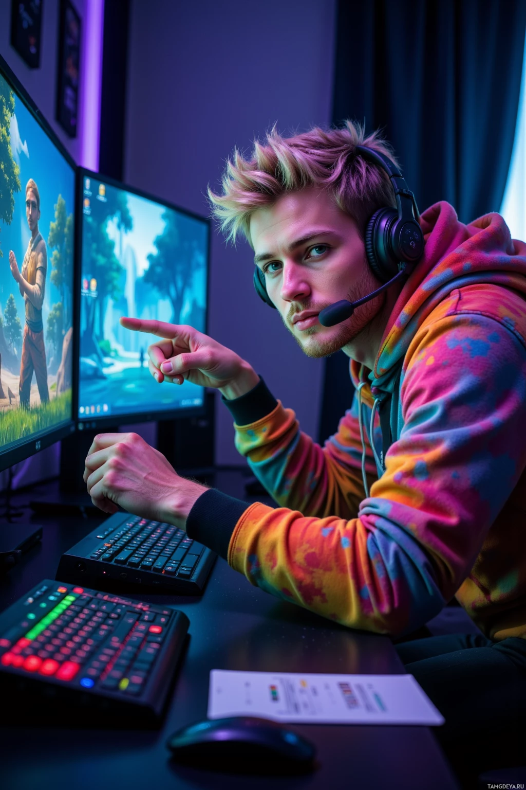 Realistic high quality photo. A 25‑year‑old man with messy blonde hair and blue eyes, wearing a colorful hoodie and gaming headset, sits in a dimly lit home studio with dual monitors displaying a vibrant multiplayer game and a teammate’s avatar, leans forward, headset mic in hand, smiling and pointing to the screen, surrounded by soft LED strip lighting.