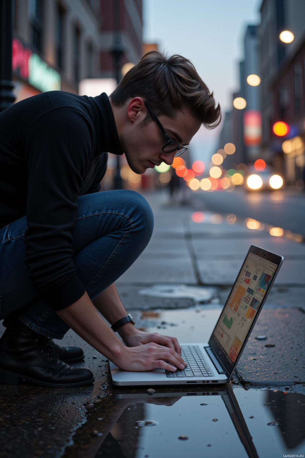 Realistic high quality photo. A 27-year-old man with light brown neatly styled hair, glasses, wearing a minimalist black turtleneck and dark jeans, hunched over a laptop screen showing glitchy pixelated errors on a muted gradient background, then stepping onto a quiet street at dusk to watch the city lights ripple in a puddle.