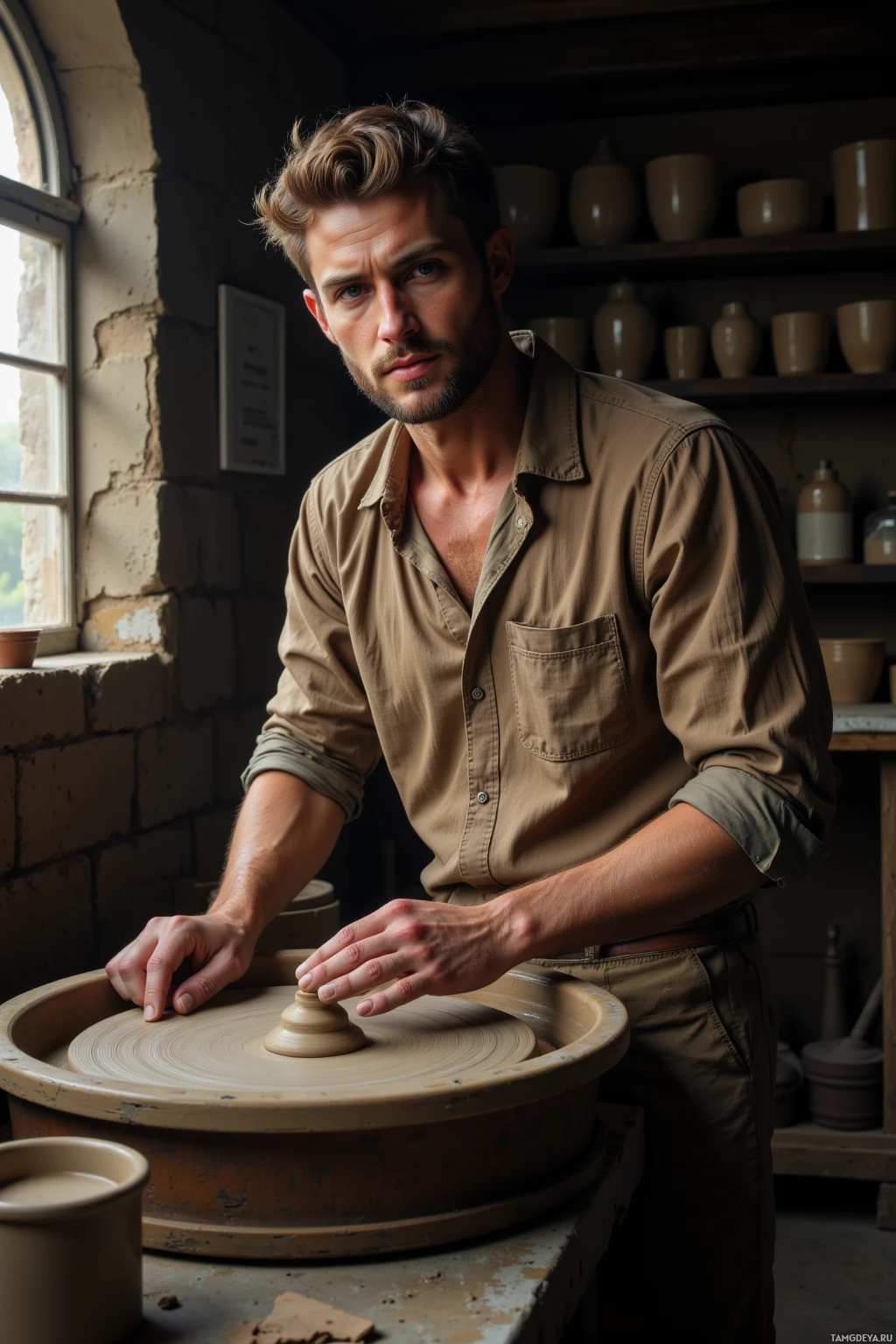 Realistic high quality photo. A contemplative 31‑year‑old man with short light brown hair, salt‑and‑pepper beard, calm blue eyes, wearing a loose earth‑toned linen shirt, stands in a dim stone‑work studio at an antique clay wheel, pressing hands into dense clay as morning light filters through dusty windows.