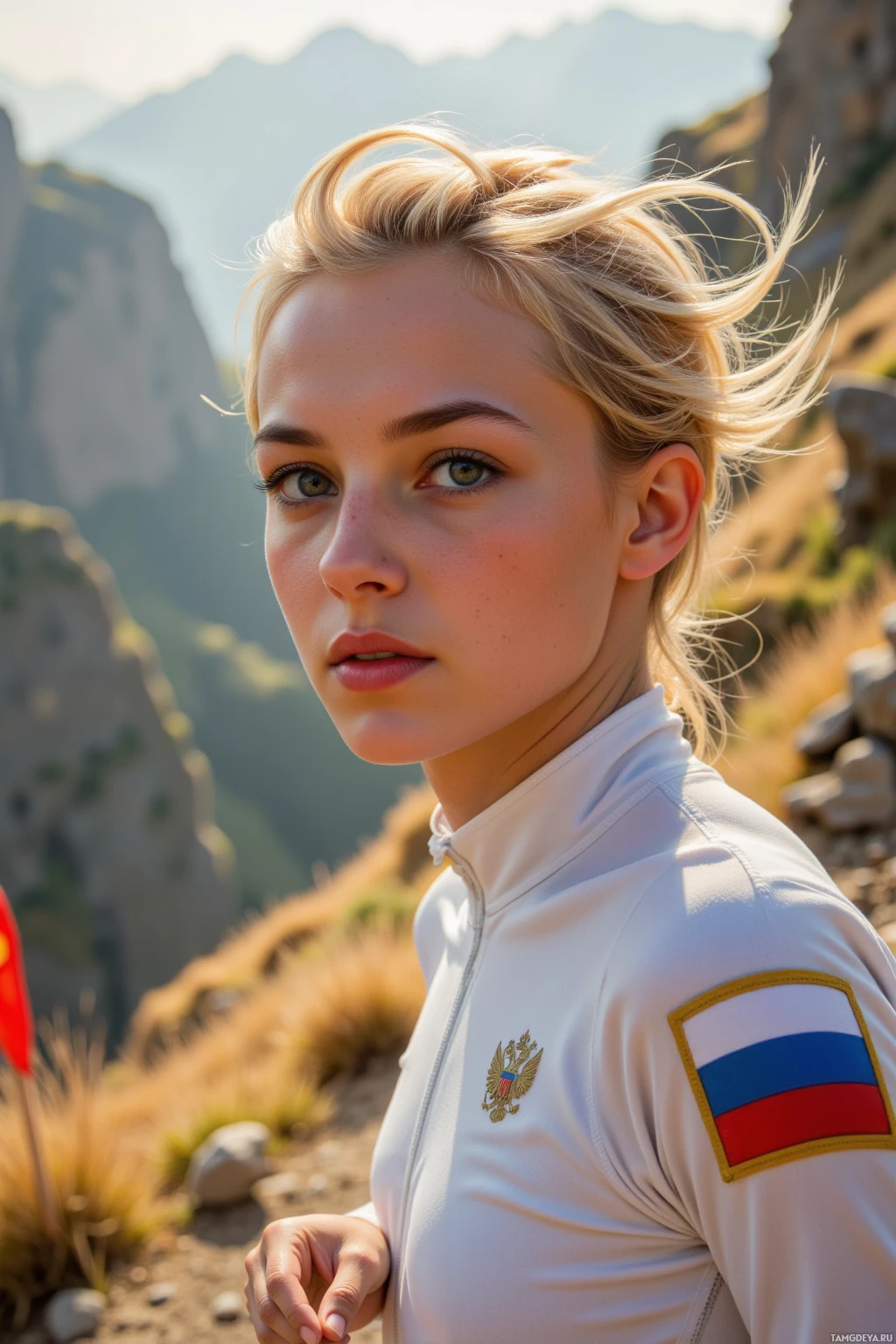 Человек в белой куртке с нашивками российского флага и герба стоит на фоне горного пейзажа.
