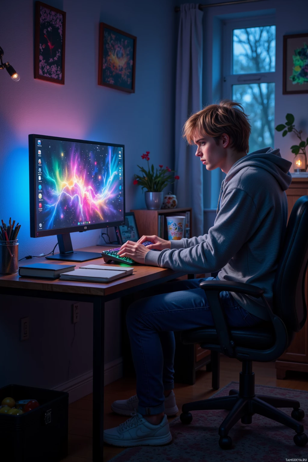 Realistic high quality photo. Man, 21, messy blonde hair, bright green eyes, in a loose gray hoodie and worn sneakers, sits at a desk in a dim bedroom at dawn, face lit by a glowing monitor with colorful RGB keyboard, a digital 4‑hour timer on the screen, typing on a mechanical keyboard while surrounded by scattered notebooks and empty snack containers.