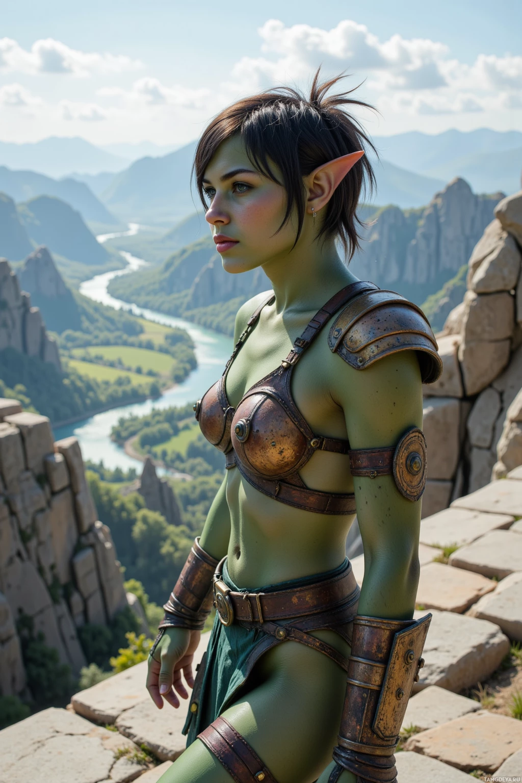 Realistic high quality photo. A muscular troll woman with green skin, sharp tusks, short messy black hair, emerald eyes, wearing tribal armor made of scavenged materials, walking along the stone outer wall of a ridge‑fortress in bright morning light, wind swirling through the stones while she keeps a steady gaze on the distant horizon.