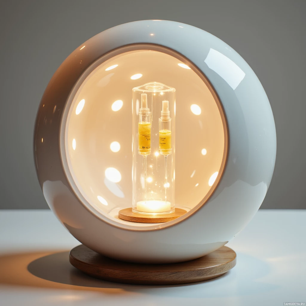 Semi-abstract image with many light, that is suitable for the post:  A minimalist ceramic sphere with a smooth matte white finish, embedded soft glowing LEDs pulsing in sync with a heart rhythm, a glass window exposing tiny oil pumps, a touch‑screen interface, and subtle warm wood accents along the rim.