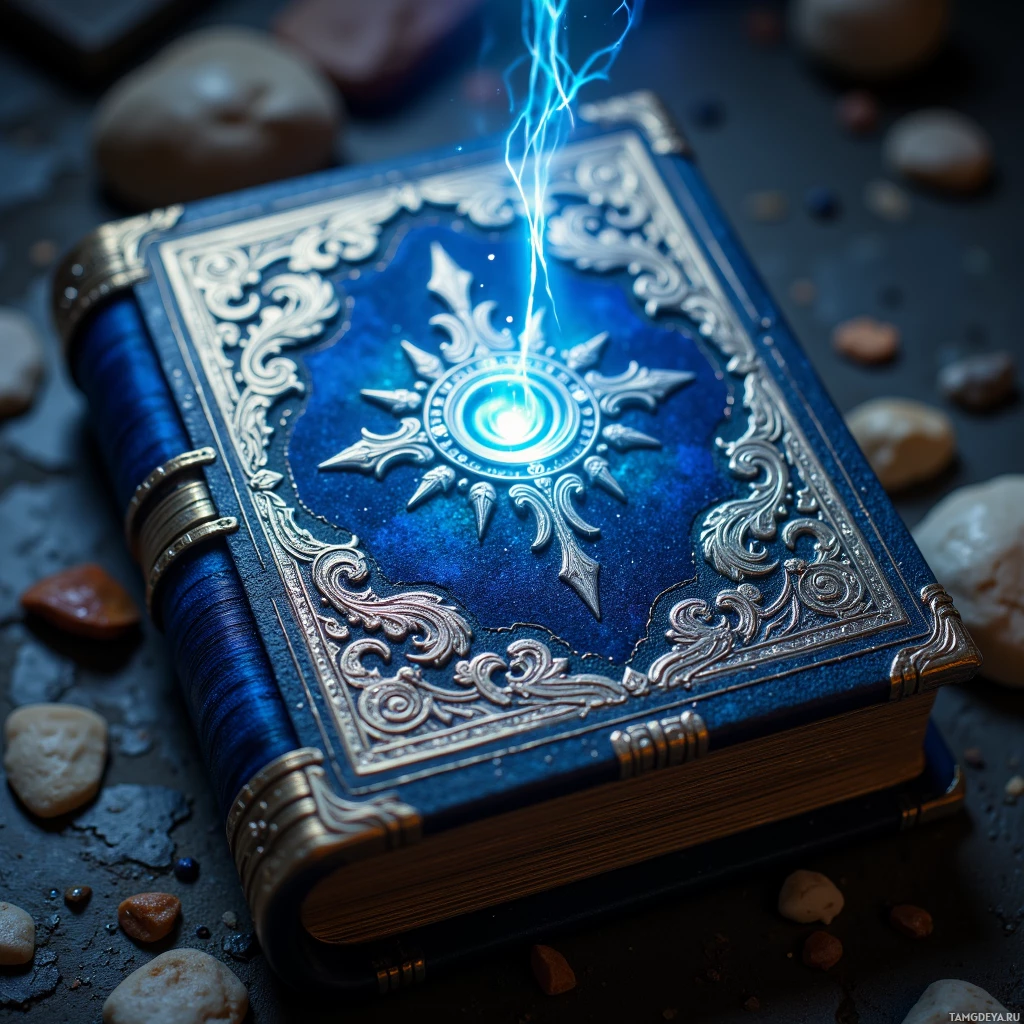 Semi-abstract image with many light, that is suitable for the post:  A tiny brass ledger wrapped in midnight blue velvet, its cover etched with swirling silver runes that glow faintly, emitting a subtle humming vibration, with pages that appear to write themselves in silver ink from an invisible quill.