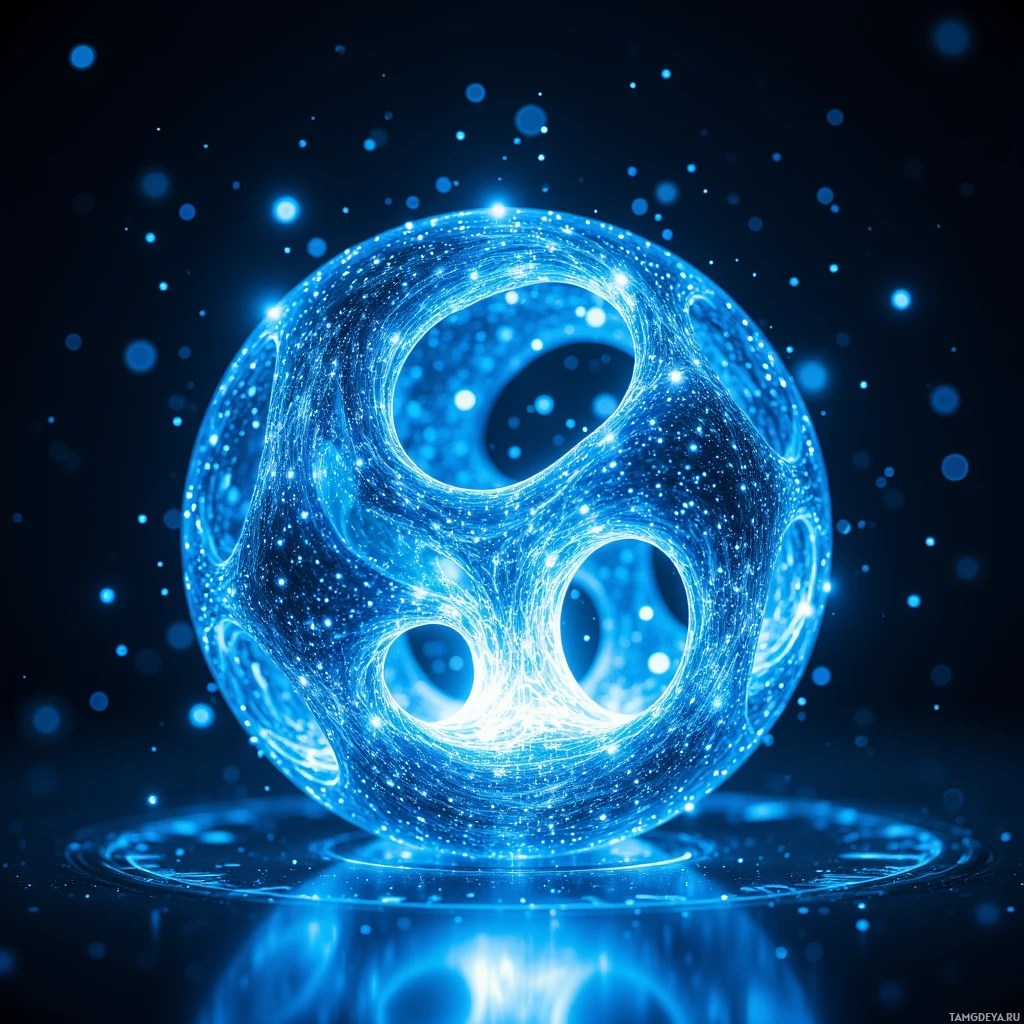 Semi-abstract image with many light, that is suitable for the post:  Translucent spherical device with a delicate luminous blue lattice of shifting micro‑conductors that pulse like living circuitry, its transparent surface subtly rippling as it morphs into different shapes.