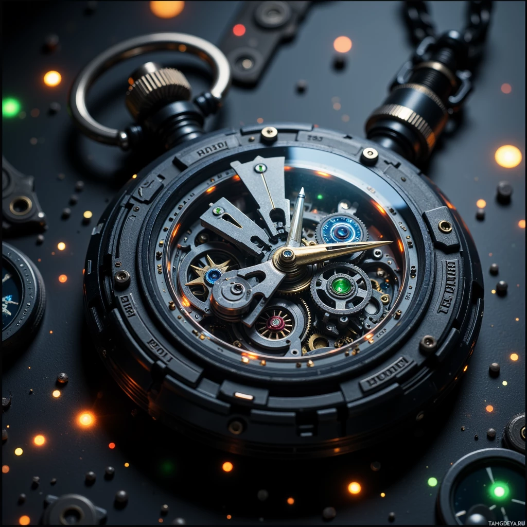 Semi-abstract image with many light, that is suitable for the post:  A compact black pocket watch with a subtly glowing dial, polished dark metal case, intricate silver gears, a tiny screen displaying AR graffiti tags, and detachable blades, a laser cutter, a flashlight, and a built‑in compass.