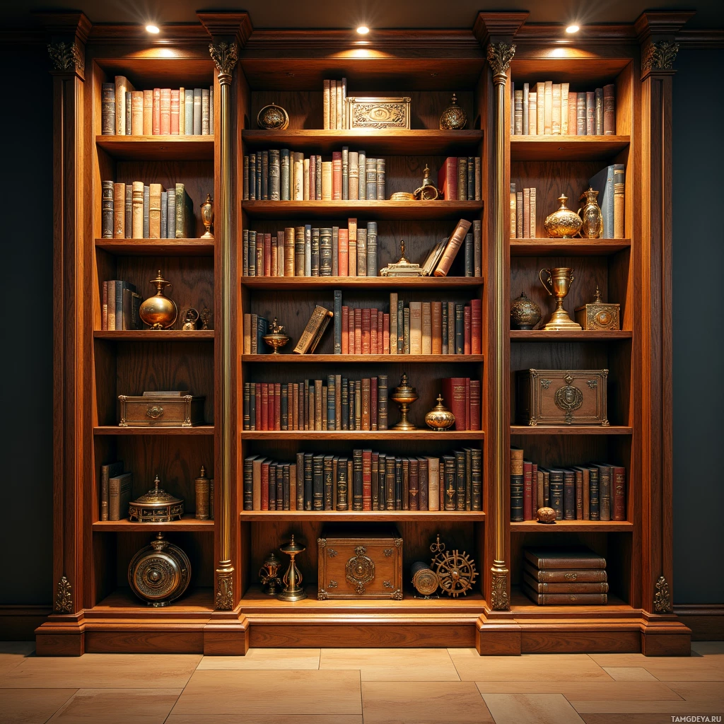 Semi-abstract image with many light, that is suitable for the post:  Custom walnut-paneled mechanical bookshelf with polished brass gears, hidden pneumatic system, subtle touch sensors, digital inventory display, integrated climate control and discreet oak scent diffuser.