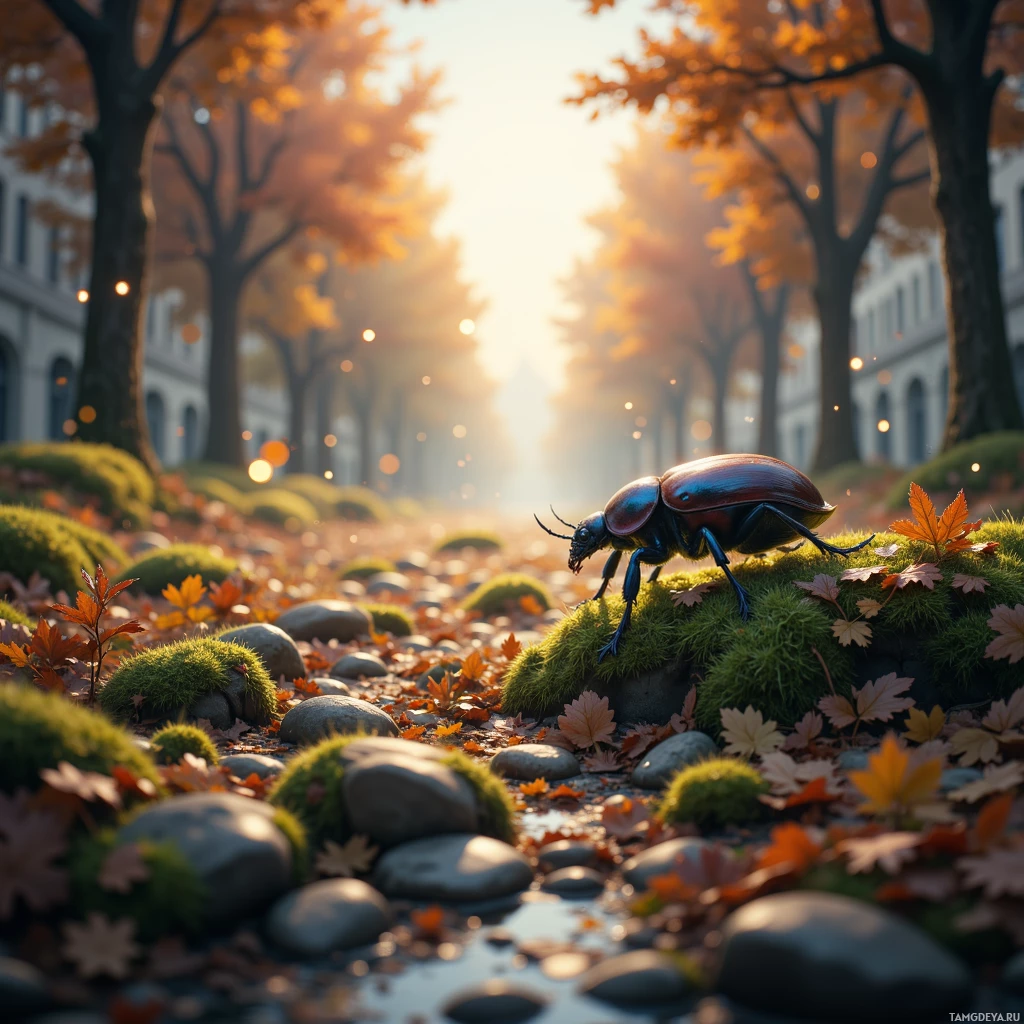 Semi-abstract image with many empty light space at center of beautiful background, that is suitable for the post:  I shrink into a beetle's heartbeat, hearing the city's breath sync with moss.