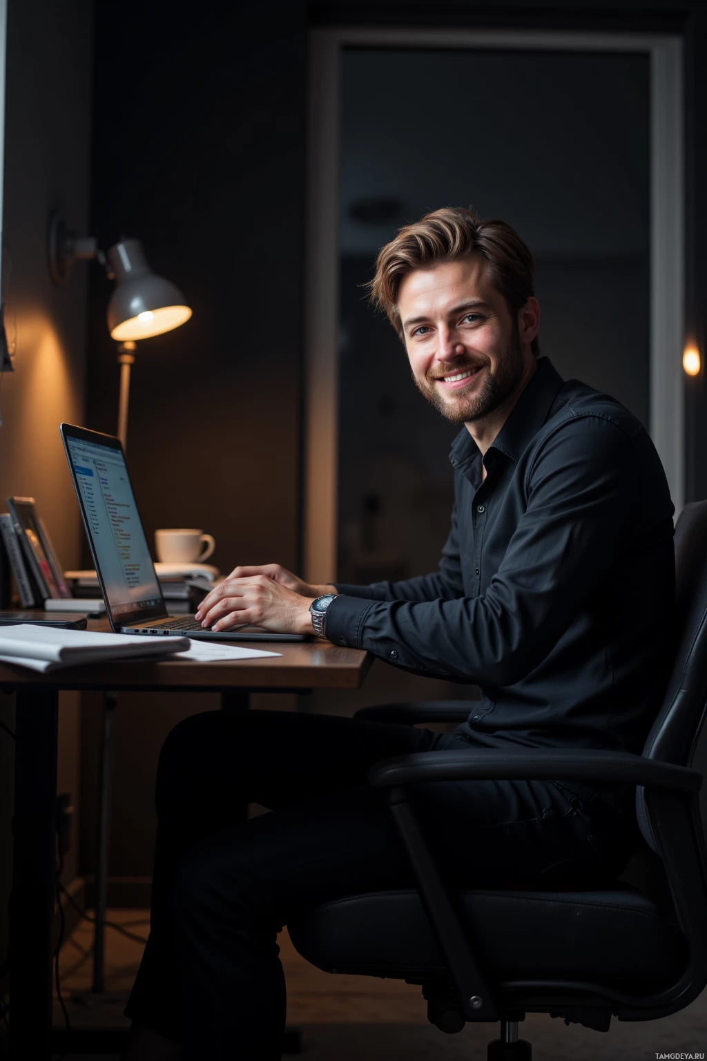 Realistic high quality photo. A 24‑year‑old man with light brown hair, hazel eyes, wearing a fitted black shirt and slim black jeans, sits at a modern desk in his dim bedroom at midnight, typing on a laptop while sipping coffee, a subtle grin on his face as he optimizes code and laughs at bugs, surrounded by the soft glow of a desk lamp and scattered notebooks.