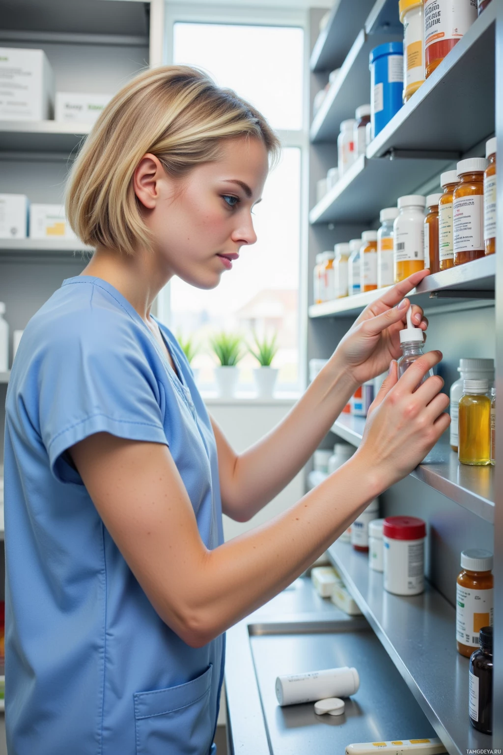 Realistic high quality photo. A female pharmacist with short blonde hair and blue eyes, wearing pale blue scrubs and white sneakers, meticulously reorganizes a shelf of labeled expired capsule bottles in a bright modern pharmacy kitchen, holding a small glass vial of bitter tincture on the stainless steel counter as morning light filters through the window.