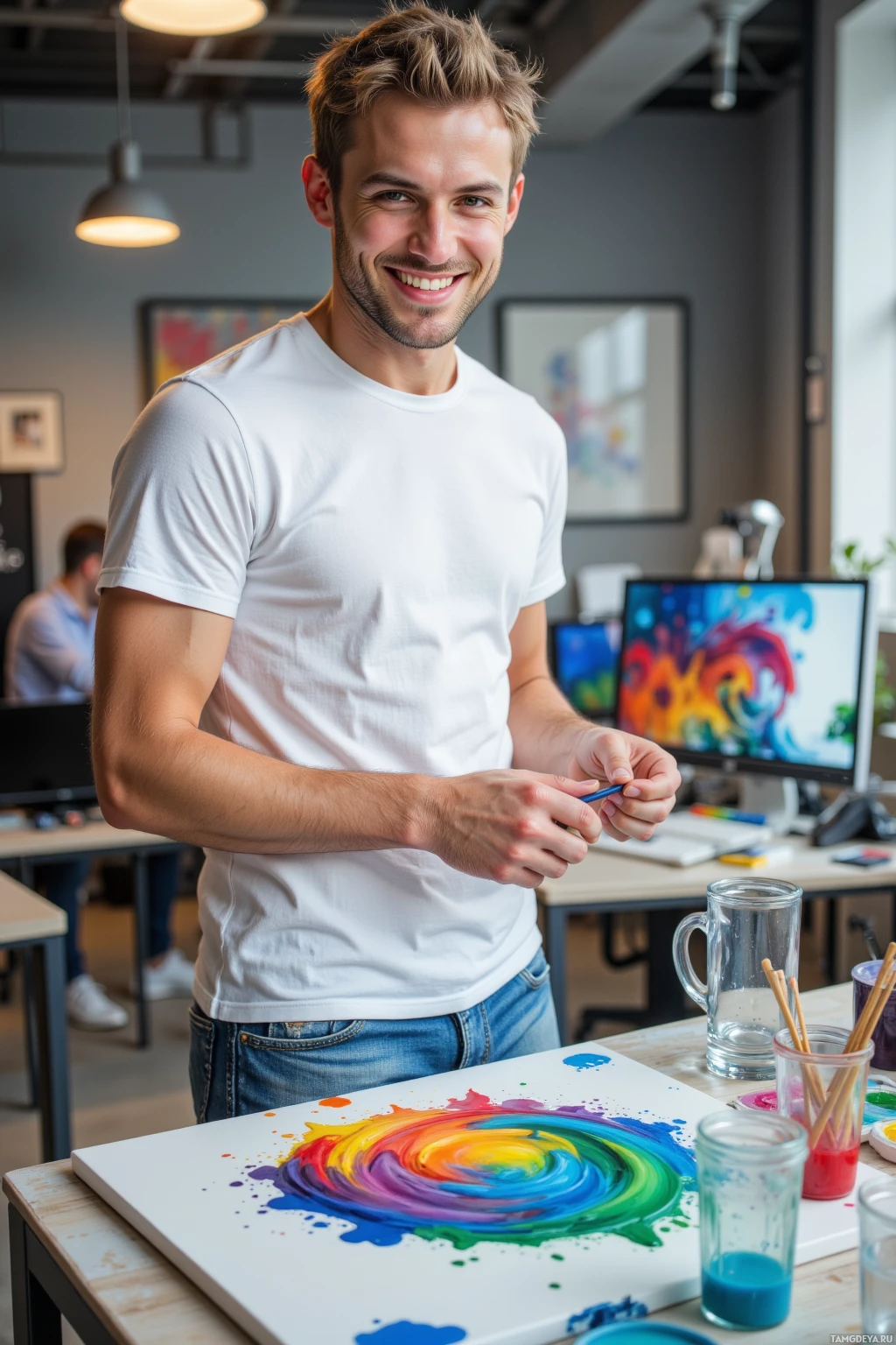Realistic high quality photo. A 27‑year‑old slim man with tousled blonde hair, bright blue eyes, in a plain white T‑shirt, well‑worn jeans, and sneakers, laughing as he mixes vibrant kaleidoscopic paint on a canvas in a modern office, holding a transparent mug of invisible ink on the desk.