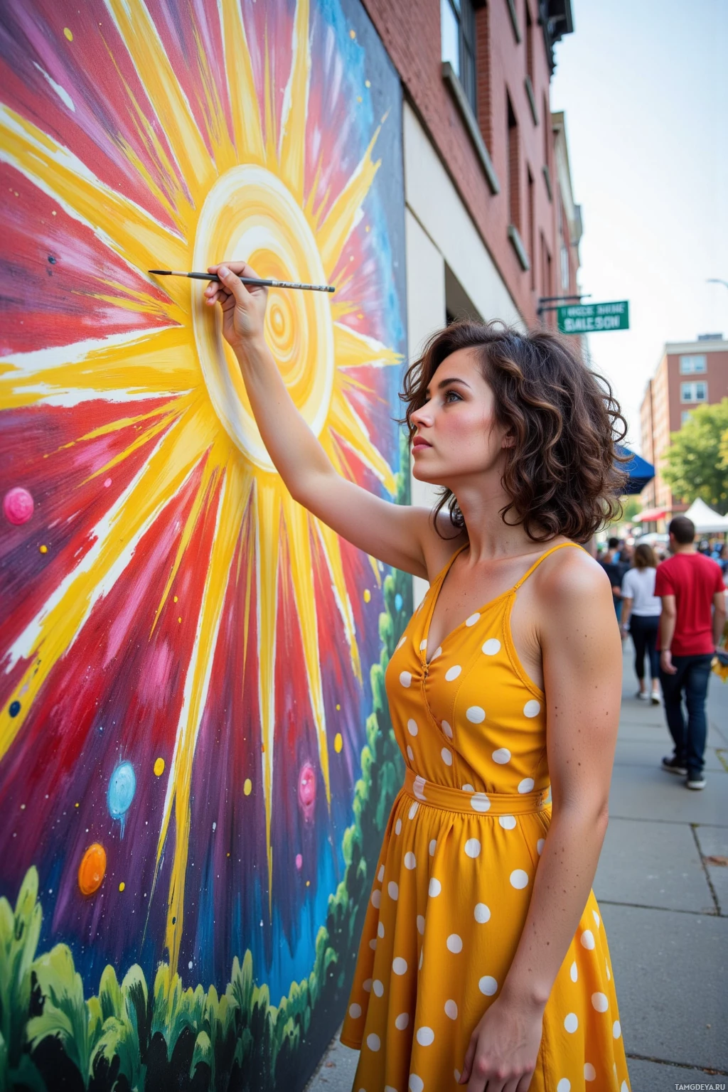 Realistic high quality photo. A woman, 27, with curly dark hair, brown eyes, fair skin, wearing a bright yellow dress with white polka dots, passionately painting a vivid sunburst on an old brick wall on 5th Street, paint splashing around her as a few onlookers pause in the afternoon light.