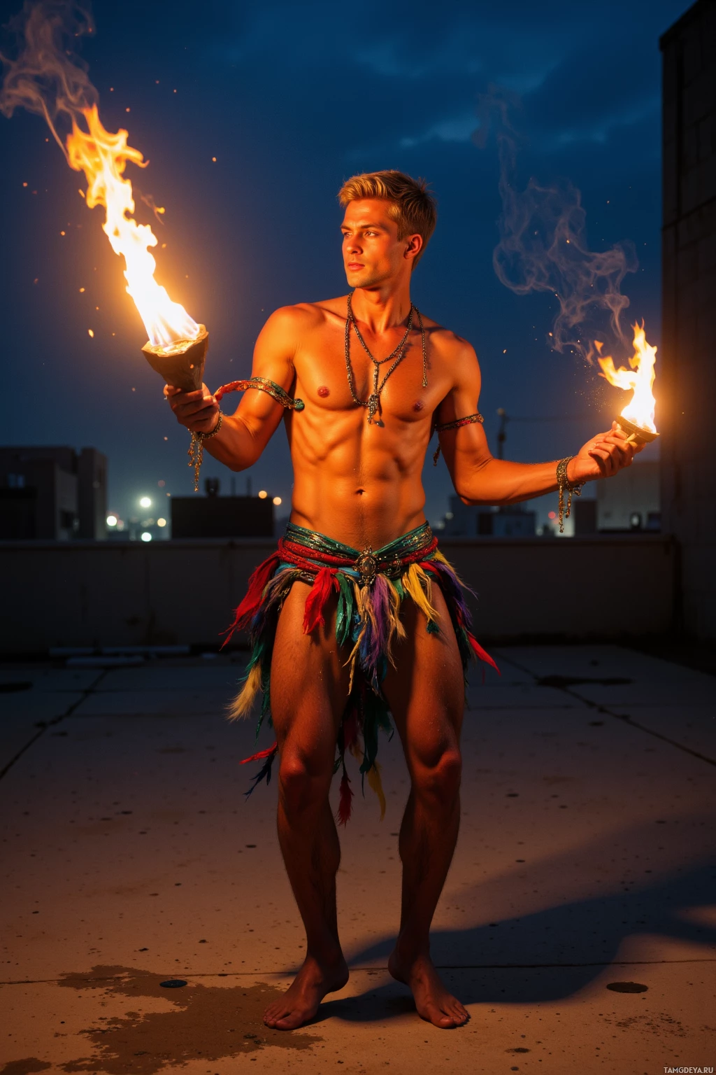 Realistic high quality photo. Man in his thirties with short blonde hair, bright blue eyes, sun‑kissed skin, wearing a colorful festival‑inspired outfit with sequins, feathers, and a silver necklace, standing on a nighttime rooftop holding a flaming torch, staring at his own shadow on the concrete while performing a dynamic fire‑dancing pose amid the silent urban backdrop.