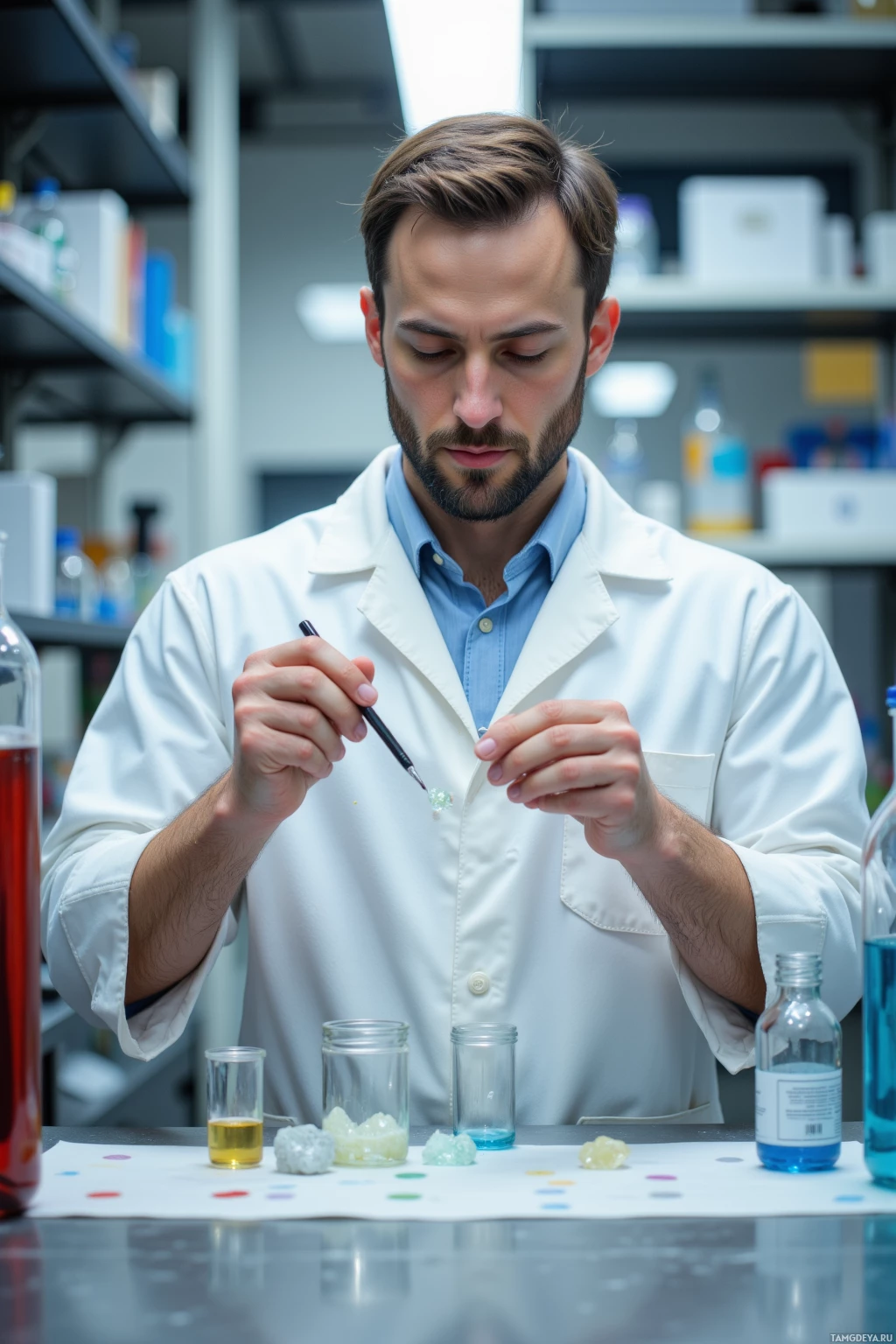 Realistic high quality photo. A 36‑year‑old man with short brown hair, hazel eyes, fair skin, wearing a white lab coat over functional clothing, double‑labels laboratory tubes on a stainless steel bench in a modern chemistry lab, his hands steady and focused as he rewrites labels to maintain precise organization while crystal lattices form under a soft laboratory light.