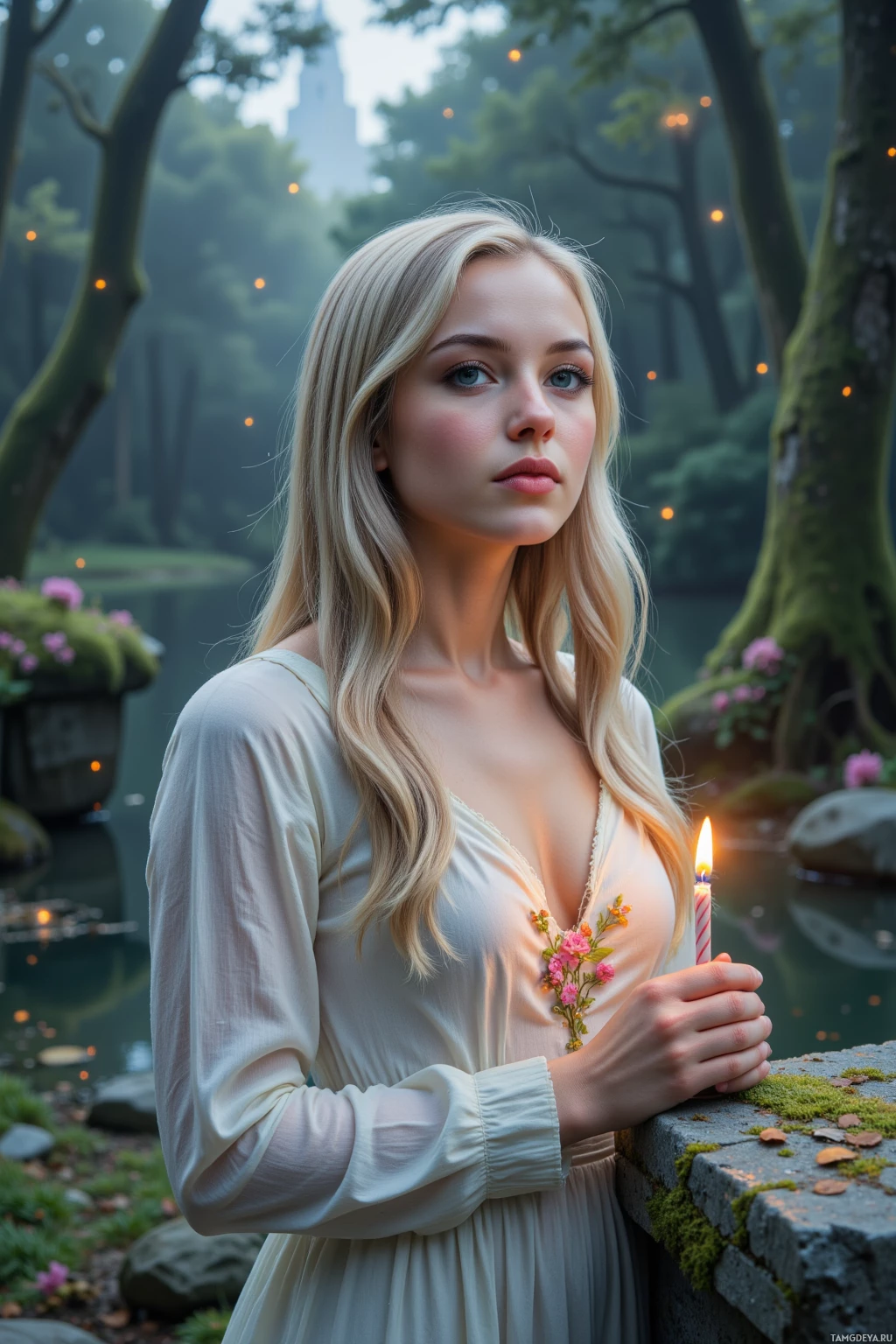 Realistic high quality photo. A 26‑year‑old woman with long silvery blonde hair, pale blue eyes, wearing a flowing white dress with floral embroidery, stands in a silver‑lit glade beside an ancient mossy stone, holding a single glimmering star as a birthday candle while writing verses on a leaf that slips from her fingers, with a gentle cloud drifting over a pond and moonlight filtering through the trees.