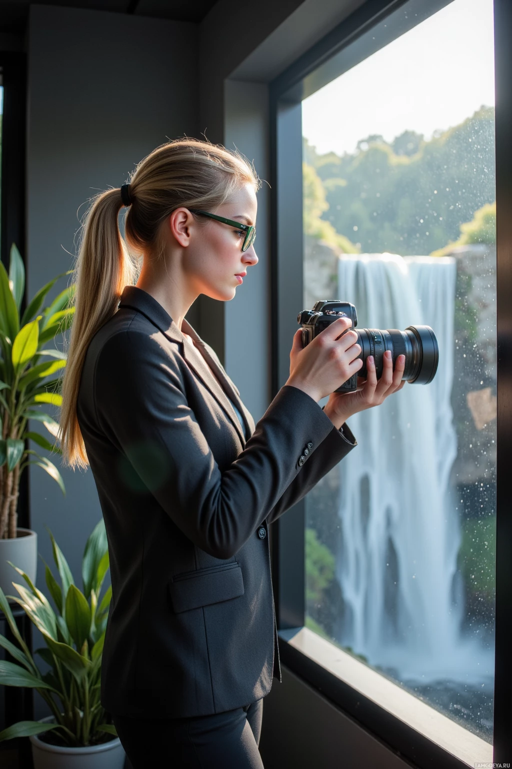Realistic high quality photo. 29‑year‑old woman with sleek blonde ponytail, green glasses, fair skin, wearing a fitted professional blazer, standing in a modern film studio with a large window overlooking a cascading waterfall, holding a camera with a 120‑degree lens, adjusting focus on a shallow depth‑of‑field frame, sunlight streaming through the glass, reflecting her meticulous and patient visual storytelling.