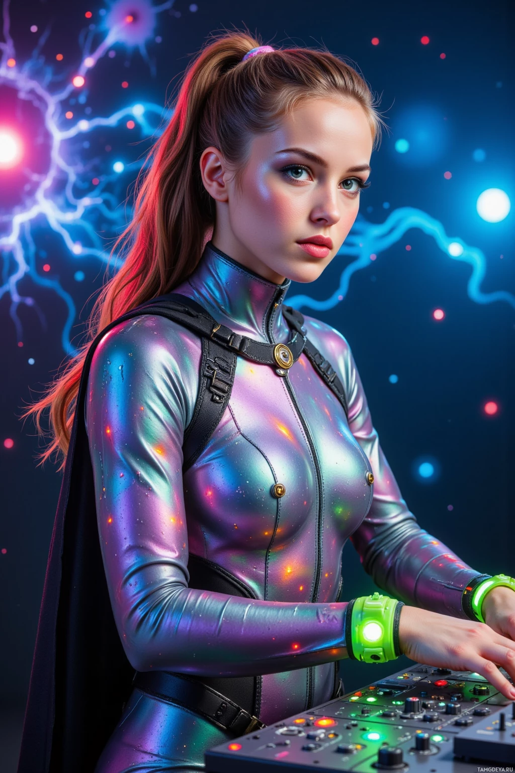 Realistic high quality photo. A 26‑year‑old woman with swirling multicolored hair tied into a ponytail and neon‑green clips, vivid blue eyes, radiant white skin, wearing a futuristic metallic jumpsuit with embedded LED lights and an iridescent cape, standing in a high‑tech studio at night, her wrist‑gear projecting glitching nebulae that refract city lights into a fractal pattern while she manipulates synth strings, her expression fierce and curious, embodying boundary‑pushing digital artistry.