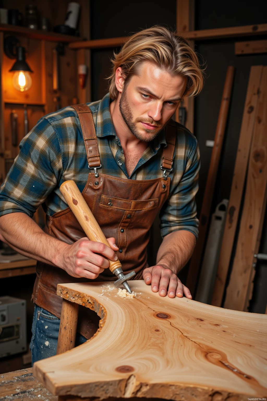 Realistic high quality photo. 35-year-old rugged male with light blonde hair, clear blue eyes, neatly trimmed beard, in a leather apron, flannel shirt, worn jeans, carving a cedar slab into a dining chair in a softly amber-lit workshop, saw blade cutting precise grooves, wood grain shining, surrounded by sawdust and tools.