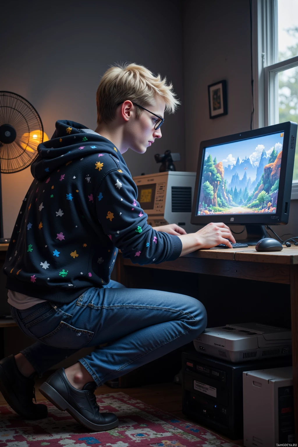 Realistic high quality photo. A slender 22‑year‑old man with short blonde hair, blue eyes, pale skin, wearing an 8‑bit patterned hoodie, pixelated glasses, and casual jeans, hunched over an old SNES console in a dimly lit room, a whirring fan in the corner, a dusty 1988 cartridge beside him, as he meticulously edits a pixelated sprite on a monitor, focused and determined.