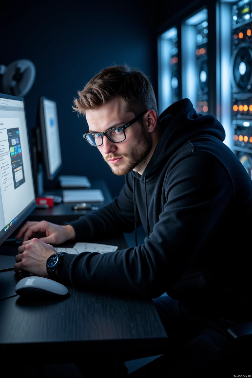 Realistic high quality photo. Male, 32, short brown hair, blue eyes behind sleek rectangular glasses, wearing a black minimalist tech hoodie, dark jeans, and smartwatch, intensely focused at a desk with two monitors and a row of server racks, pale light from screens illuminating his composed expression in a quiet, dimly lit nighttime office, the hum of cooling fans and the rhythmic glow of servers surrounding him