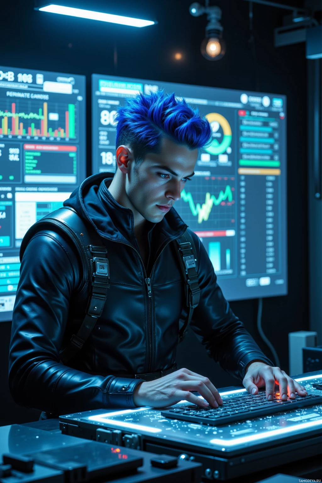 Realistic high quality photo. 29‑year‑old man with cobalt‑blue pompadour, bright blue eyes, pale skin, wearing a sleek black jumpsuit with metallic plating and utility belts, methodically tightening a firewall in a dimly lit cybernetic control room surrounded by holographic data logs, glitching traffic displays, and a floating holographic keyboard, focused and calm.