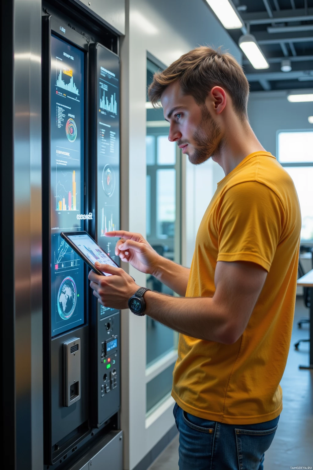 Realistic high quality photo. Male, 29, short brown hair, bright blue eyes, yellow t‑shirt and jeans, standing in a modern tech office, examining a shiny machine back panel while holding a tablet with floating charts and code, pointing at a tiny misprint that glows with a humorous symbol, midday natural light streaming through windows.