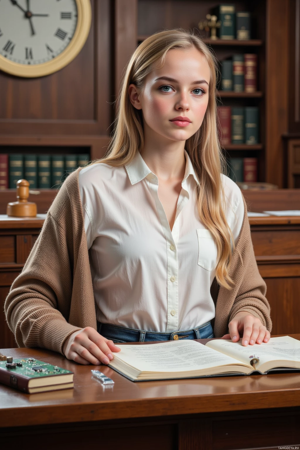 Realistic high quality photo. 22-year-old woman with long blonde hair tied back, bright blue eyes, fair glowing skin, wearing a white blouse, dark blue jeans, and a simple brown cardigan, sits at a courthouse desk in a bright morning courtroom under a spotlight, holding a legal brief and a schematic of a circuit board, with a small robot and a judge's gavel nearby, surrounded by open law books, reflecting her driven optimism and cautious skepticism about AI.