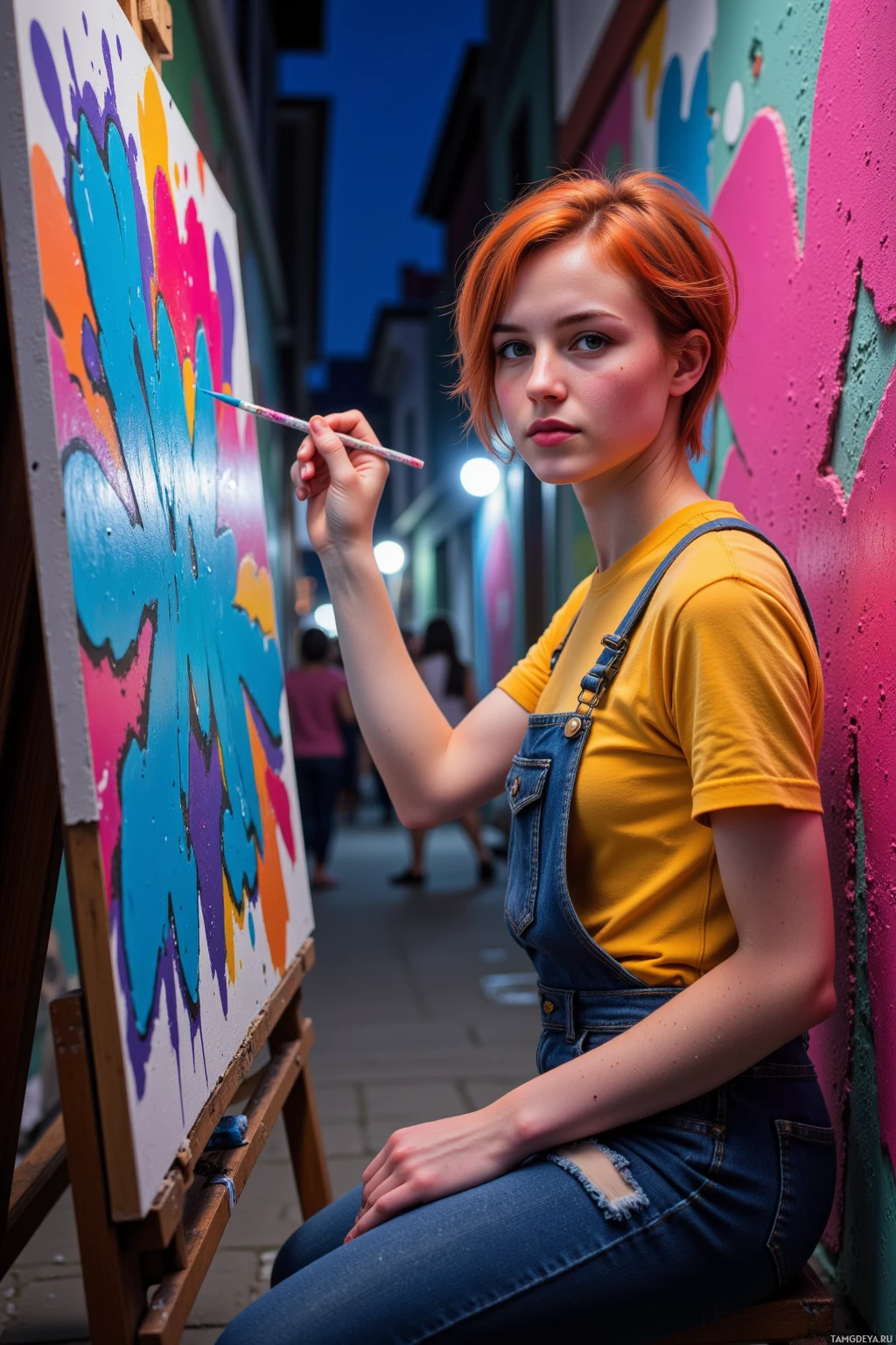 Realistic high quality photo. woman, 22, fiery red short messy hair, green eyes, freckles, vibrant t‑shirt and jeans, painting bright electric blue and bright pink splashes on midnight alley walls, crowd cheering in background, nighttime urban alley, vivid colors, expressive brush strokes, street art vibe