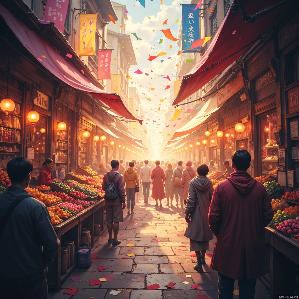 Semi-abstract image with many empty light space at center of beautiful background, that is suitable for the post:  Like a confetti cannon in a crowded market, every smile is a spark that lightens the whole aisle.