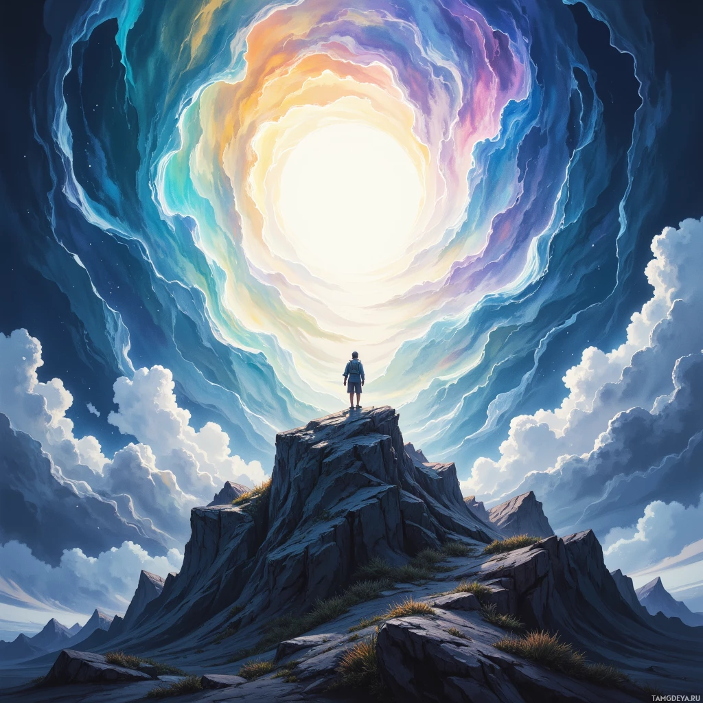 Semi-abstract image with many empty light space at center of beautiful background, that is suitable for the post:  My shoulders bear the weight of a lone summit, and I chuckle at the absurdity of my stubborn ascent.