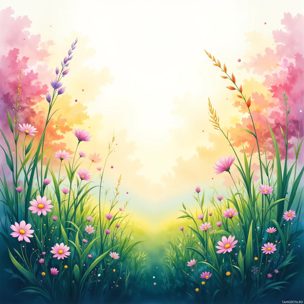 Semi-abstract image with many empty light space at center of beautiful background, that is suitable for the post:  Morning dew paints the grass in watercolor, each blade humming a new song.