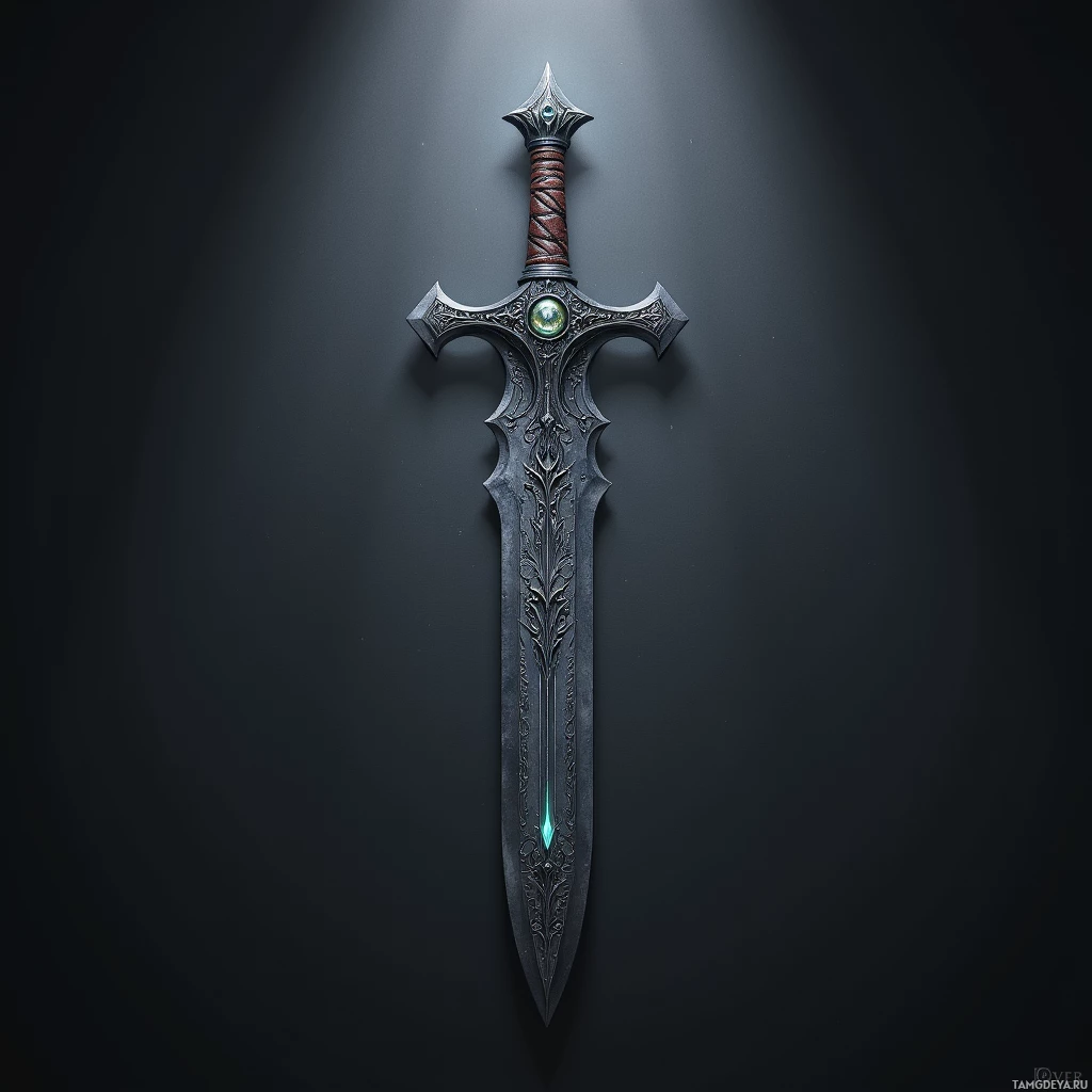 Semi-abstract image with many light, that is suitable for the post:  A small blackened steel dagger with etched runic symbols, a razor‑sharp blade, hilt wrapped in textured griffin‑wing leather, and a faint pulsing glow at its core.