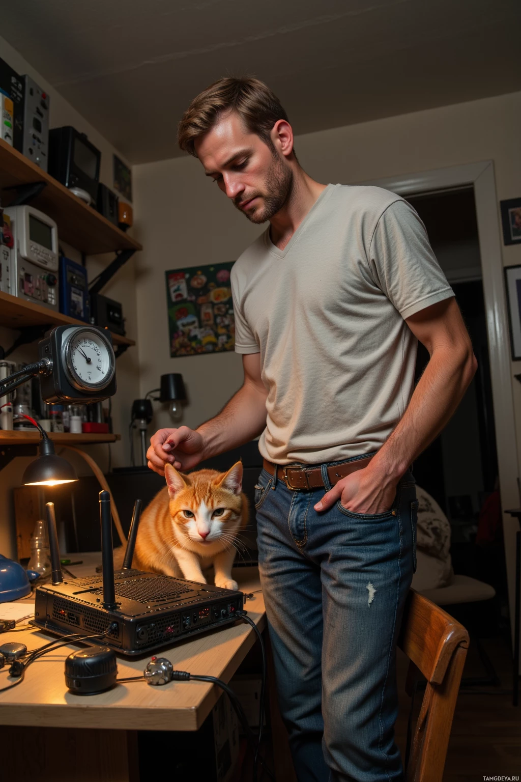 Realistic high quality photo. Man, 34, short light brown hair, clear blue eyes, wearing a plain light gray shirt and worn‑in jeans, stands in a cluttered living‑room workspace attaching a hygrometer to a broken router’s dust cover while a curious cat watches the blinking LEDs, the device’s warm glow casting a playful tinkerer mood.