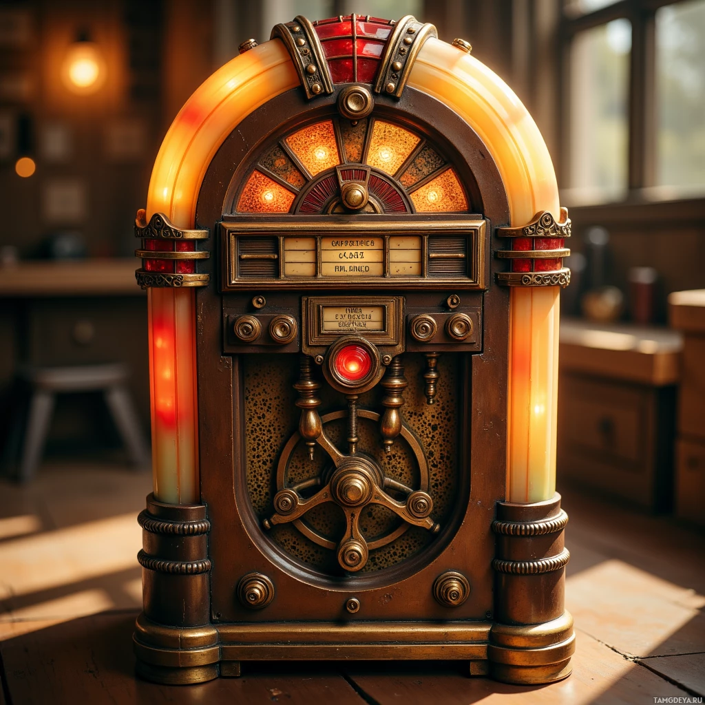 Semi-abstract image with many light, that is suitable for the post:  Miniature hand‑cranked espresso machine styled like a mid‑century diner jukebox, brass body with dark patina, intricate 9:1 reduction gear crank, exposed copper coil heat exchanger, vented steam pipes, all rendered in warm sepia tones.