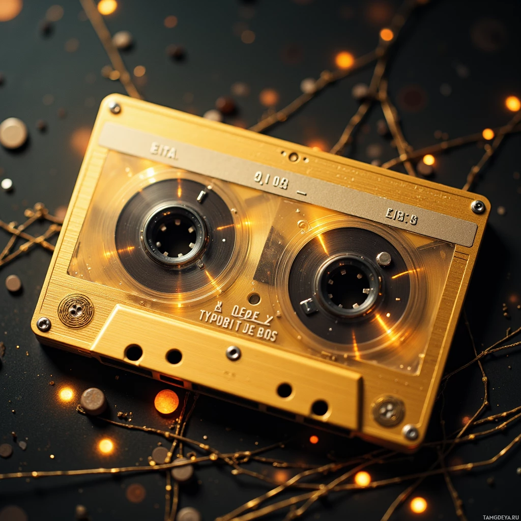 Semi-abstract image with many light, that is suitable for the post:  A polished 1991 brass magnetic cassette with a warm yellowish metal shell, two small black reels barely visible, faint etched 8‑bit binary patterns on the tape surface, a subtle 512‑byte BIOS label in silver lettering, illuminated by soft ambient light.