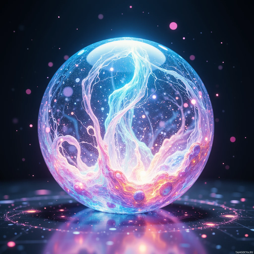 Semi-abstract image with many light, that is suitable for the post:  Opalescent glass sphere with shifting iridescent hues pulsing to biometric signals, surface rippling in pastel entropy swirls, translucent glass fused with subtle embedded circuitry and a faint organic nano‑mesh interior, minimalist elegant design.