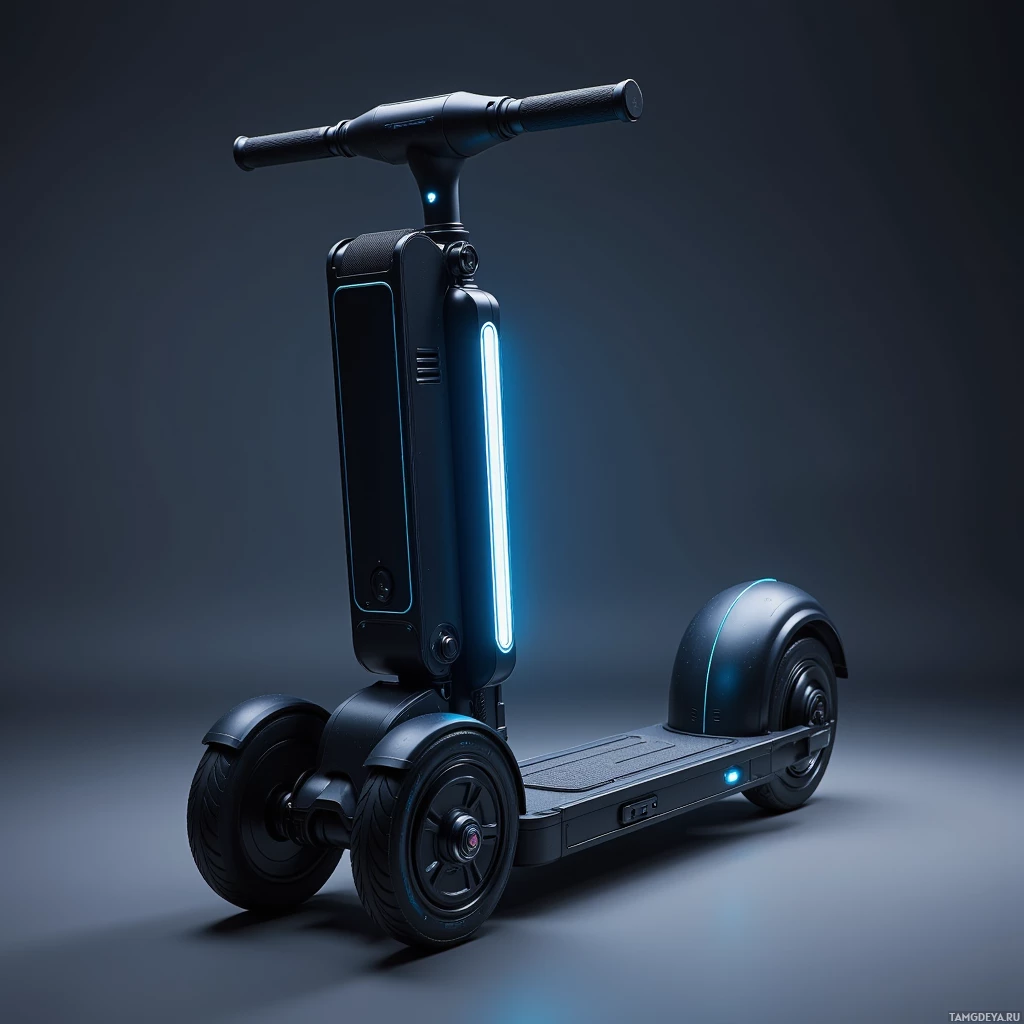 Semi-abstract image with many light, that is suitable for the post:  Matte black fold‑out electric skateboard that transforms into a scooter, featuring neon blue LED strips along the chassis, integrated adaptive suspension, a visible high‑capacity battery pack, gyro sensors embedded in the frame, and sleek aerodynamic lines.