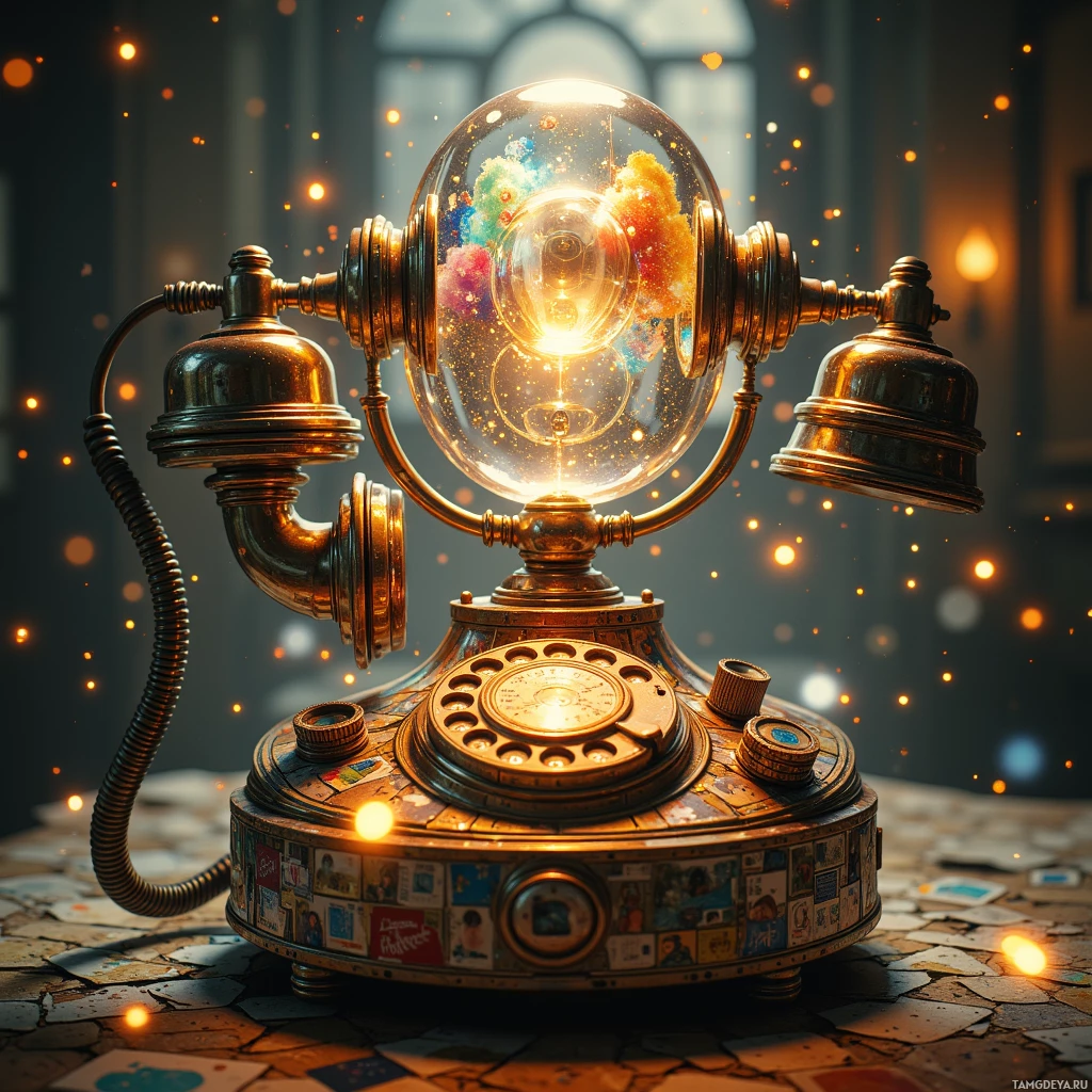 Semi-abstract image with many light, that is suitable for the post:  A retro-futuristic 1950s rotary telephone turned smart speaker, featuring a chrome body covered in faded Polaroid stickers, a translucent crystal globe projecting holographic vinyl art, tiny gramophone horn-shaped speakers, and a brass dial glowing warm amber.