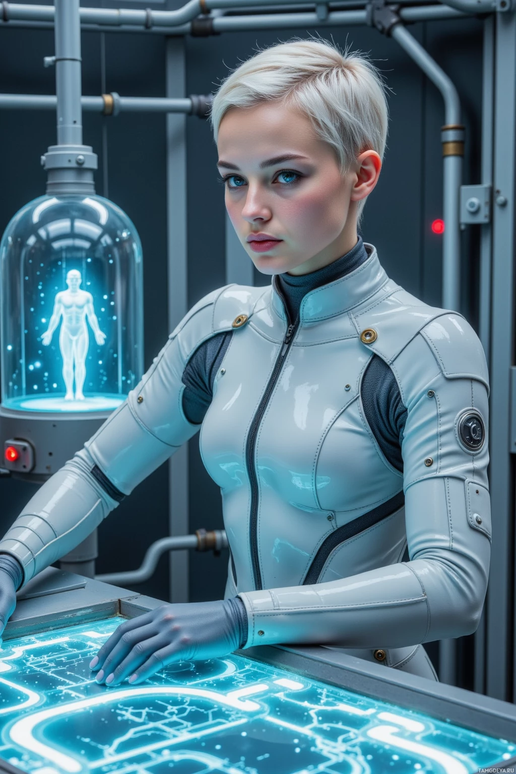 Realistic high quality photo. female, 24, short platinum hair, blue eyes, angular face, high cheekbones, pointed chin, wearing a sleek futuristic jumpsuit, inside a sterile laboratory with a glass containment chamber full of nanobots in a self‑repair loop, watching holographic regenerative pathways on a console, expression measured and curious.