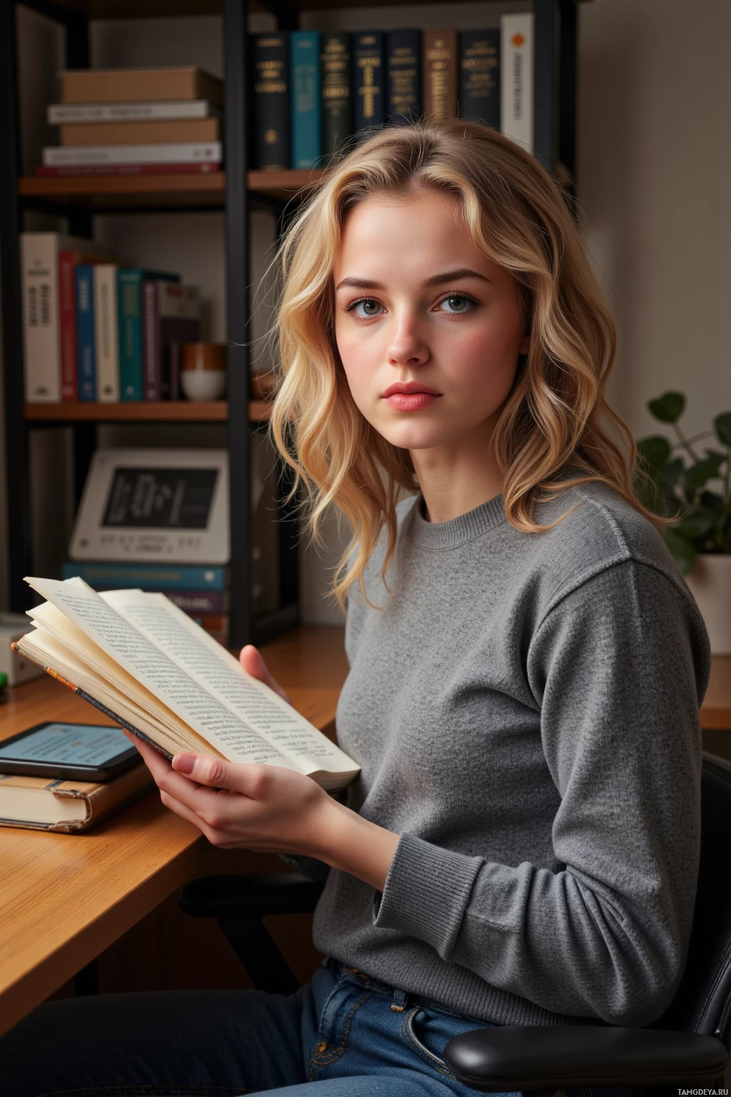 Realistic high quality photo. A 32‑year‑old woman with curly blonde hair and blue eyes, wearing a soft gray sweater and dark blue jeans, sits at a modern home study desk in the evening, holding a hardcover book open to page 172 while intently cross‑examining it, an e‑reader glowing next to a snack box, surrounded by a meticulously alphabetized bookshelf with five other books stacked, her posture focused and slightly smug.