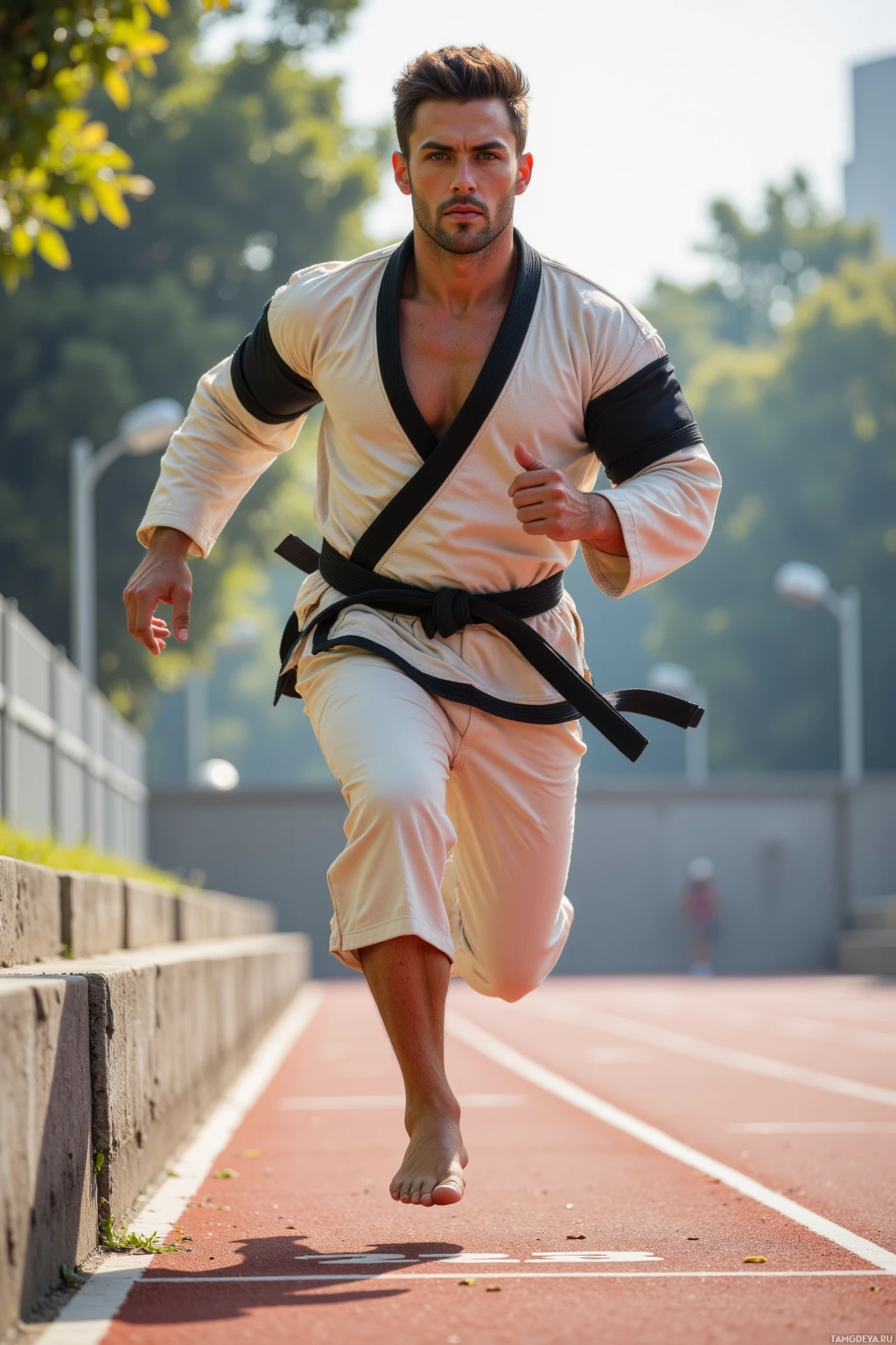 Realistic high quality photo. Man, 28, dark brown retro-styled hair, strong jawline, bright blue eyes, golden brown skin, wearing a cream gi with bold black accents and a black belt, mid‑stride on a sunny outdoor running track, leaping over a low gray concrete wall near the finish line, determined expression, early morning light, surrounding trees and distant buildings.