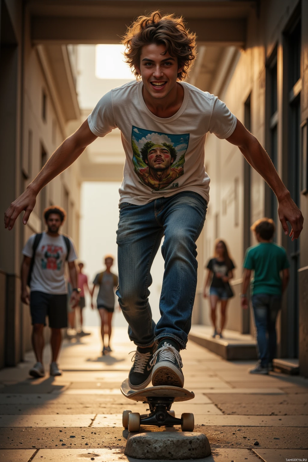 Realistic high quality photo. Young man, 24, messy tousled hair, green eyes, sun‑kissed complexion, wearing a casual streetwear tee, jeans, sneakers, grinning mischievously, skateboarding in a dimly lit hallway with morning light, flipping a curb while friends cheer in the background.