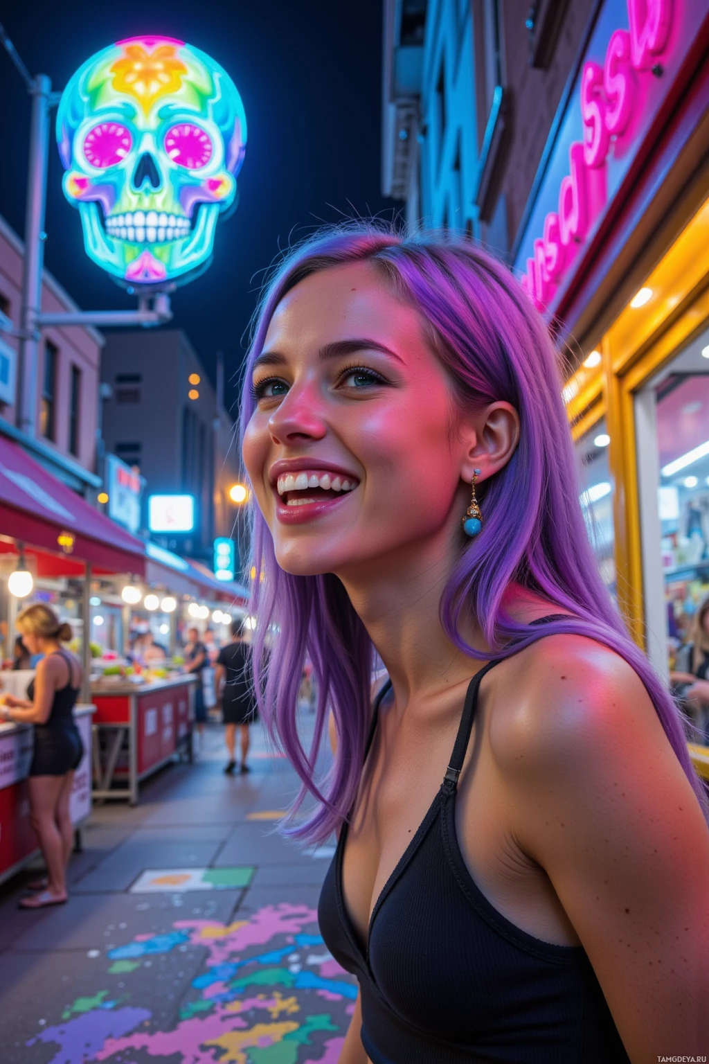 Realistic high quality photo. A 23‑year‑old woman with vivid purple‑blue‑pink hair, bright blue eyes, fair skin, wearing bold eclectic clothes and colorful jewelry, laughing on a midnight city street with a giant rainbow lamp illuminating a sugar‑skull skyline, while street vendors in disco outfits audition and she has painted a vibrant chalk mural on the sidewalk.
