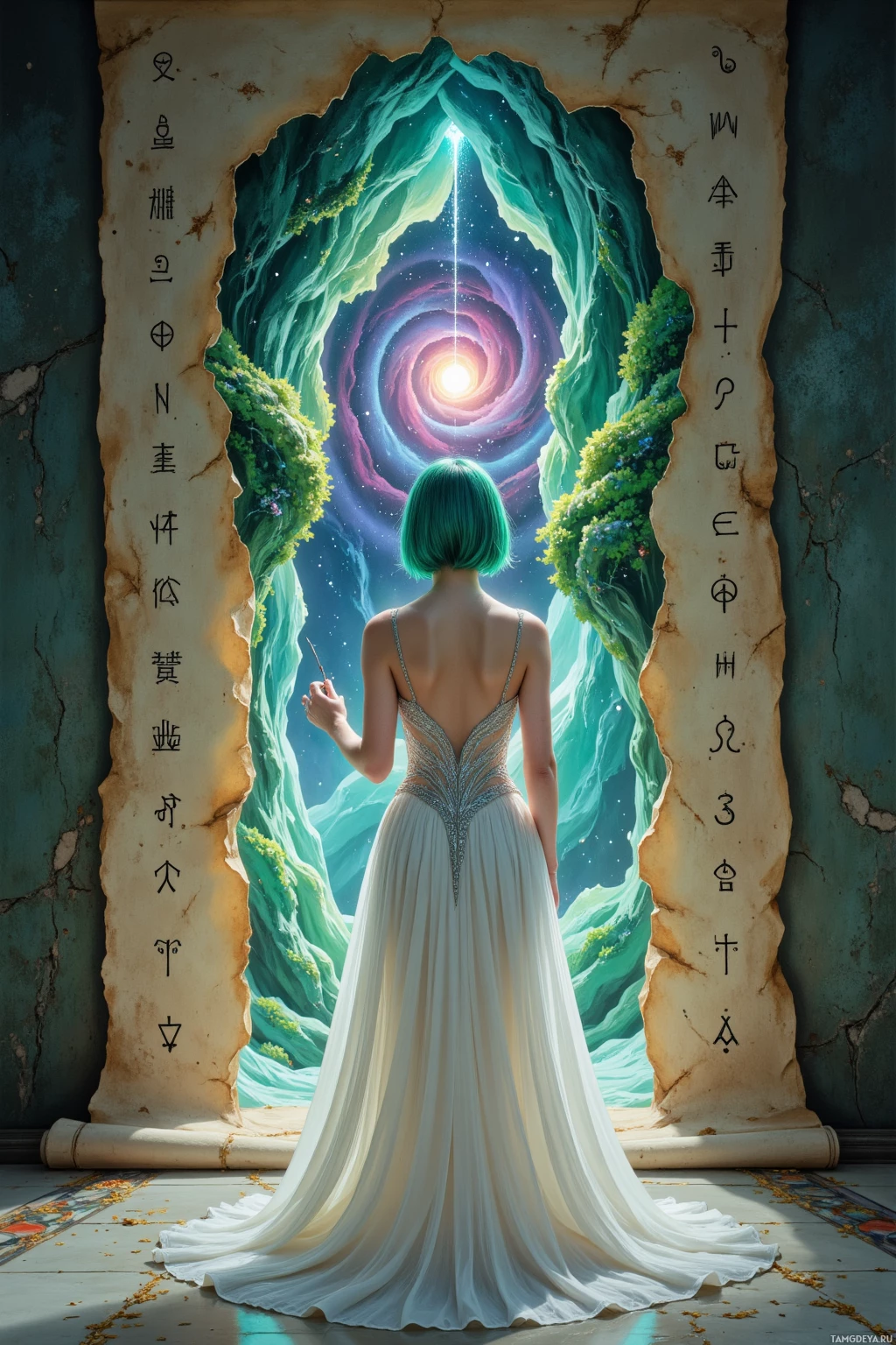 Realistic high quality photo. Female, 29, green bob haircut, emerald eyes, porcelain skin shimmering, wearing a flowing white dress with silver embroidery, standing before a parchment with glowing glyphs, a crack revealing a secret doorway, quill in hand singing, colors bleeding into a drunken galaxy, walls subtly nodding, fantasy twilight.