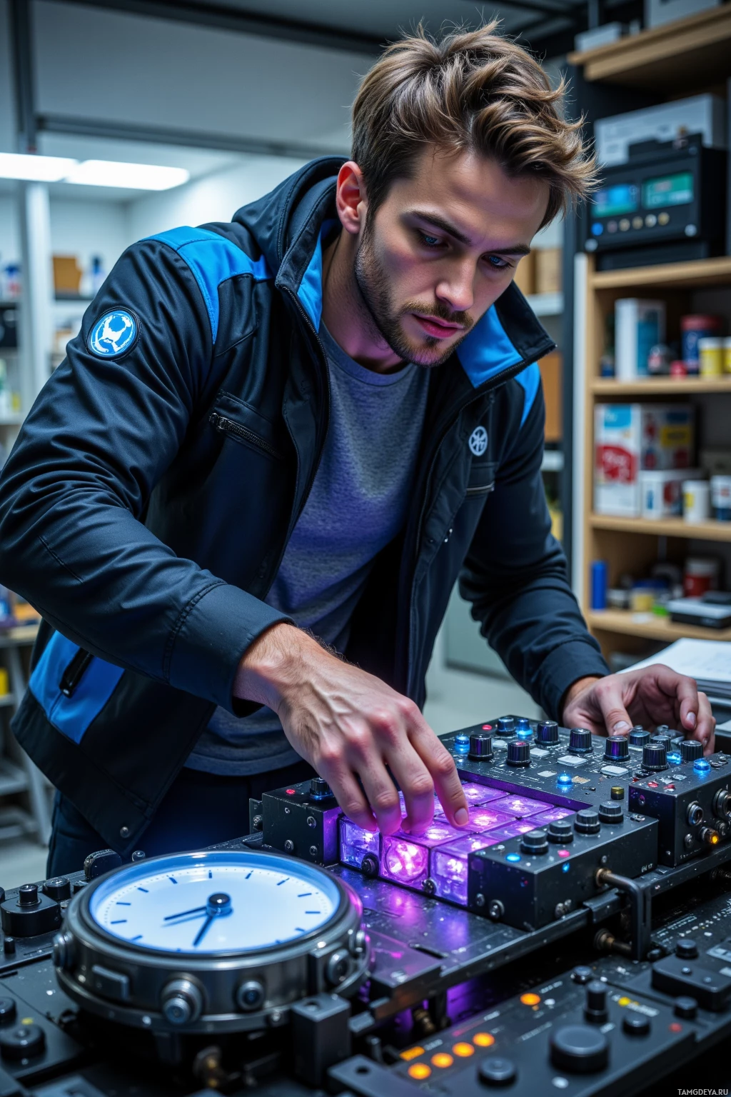 Realistic high quality photo. A 35‑year‑old man with short messy light brown hair, bright blue eyes, athletic build, wearing a sleek futuristic jacket with glowing blue accents, bent over a rogue gear he’s turning into a kinetic drum kit inside a humming sci‑fi workshop, with a glowing alarm clock transformed into a percussion rack and a chassis resonating with bass.