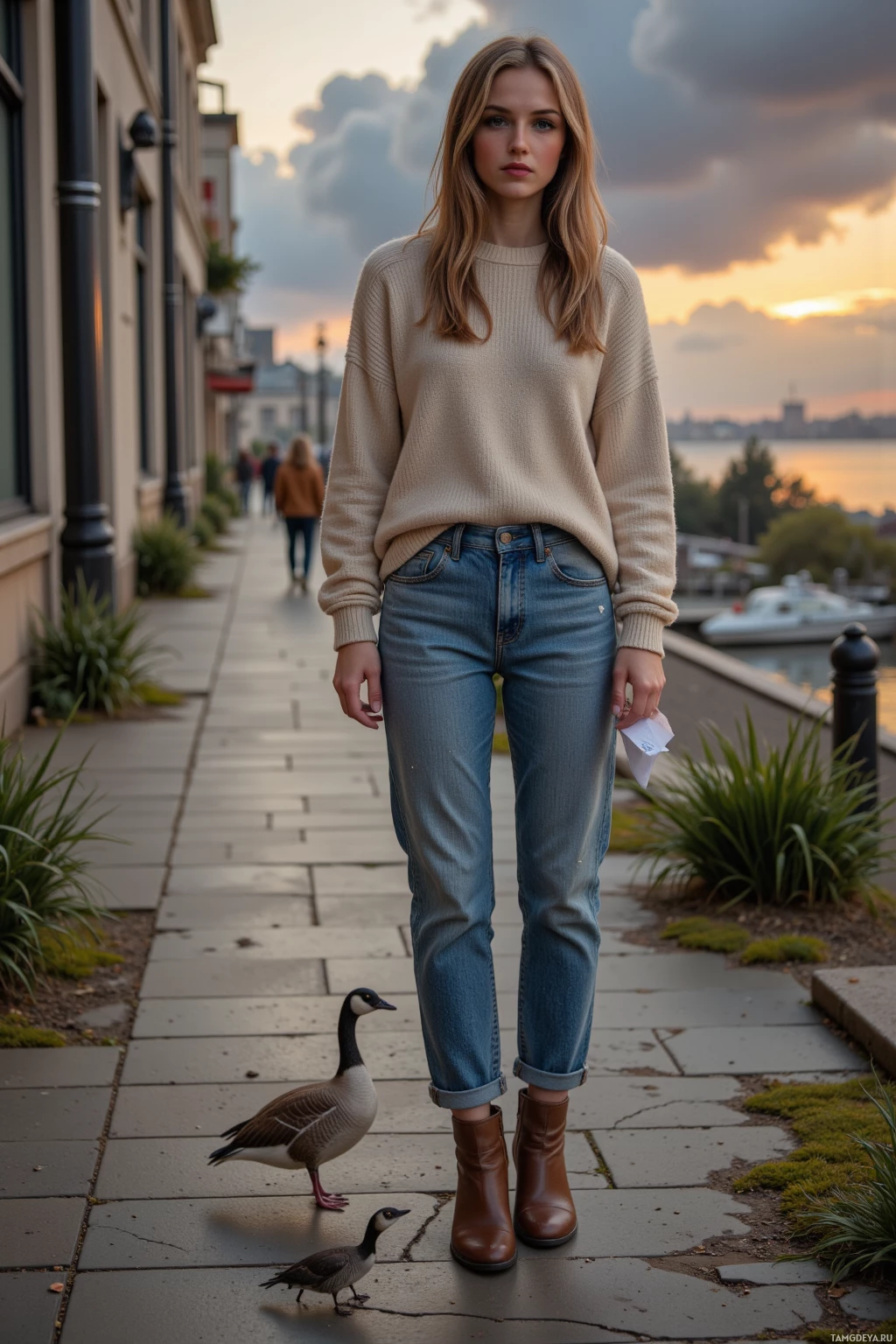 Realistic high quality photo. Woman, 24, long light brown hair, blue eyes, wearing an oversized beige sweater and faded jeans, standing on cracked pavement covered in moss in a quiet city alley at dusk, a beetle crossing her desk in a glass office cubicle, holding a folded note, while a stray goose waddles near a riverbank and gentle sunlight flickers on the water.